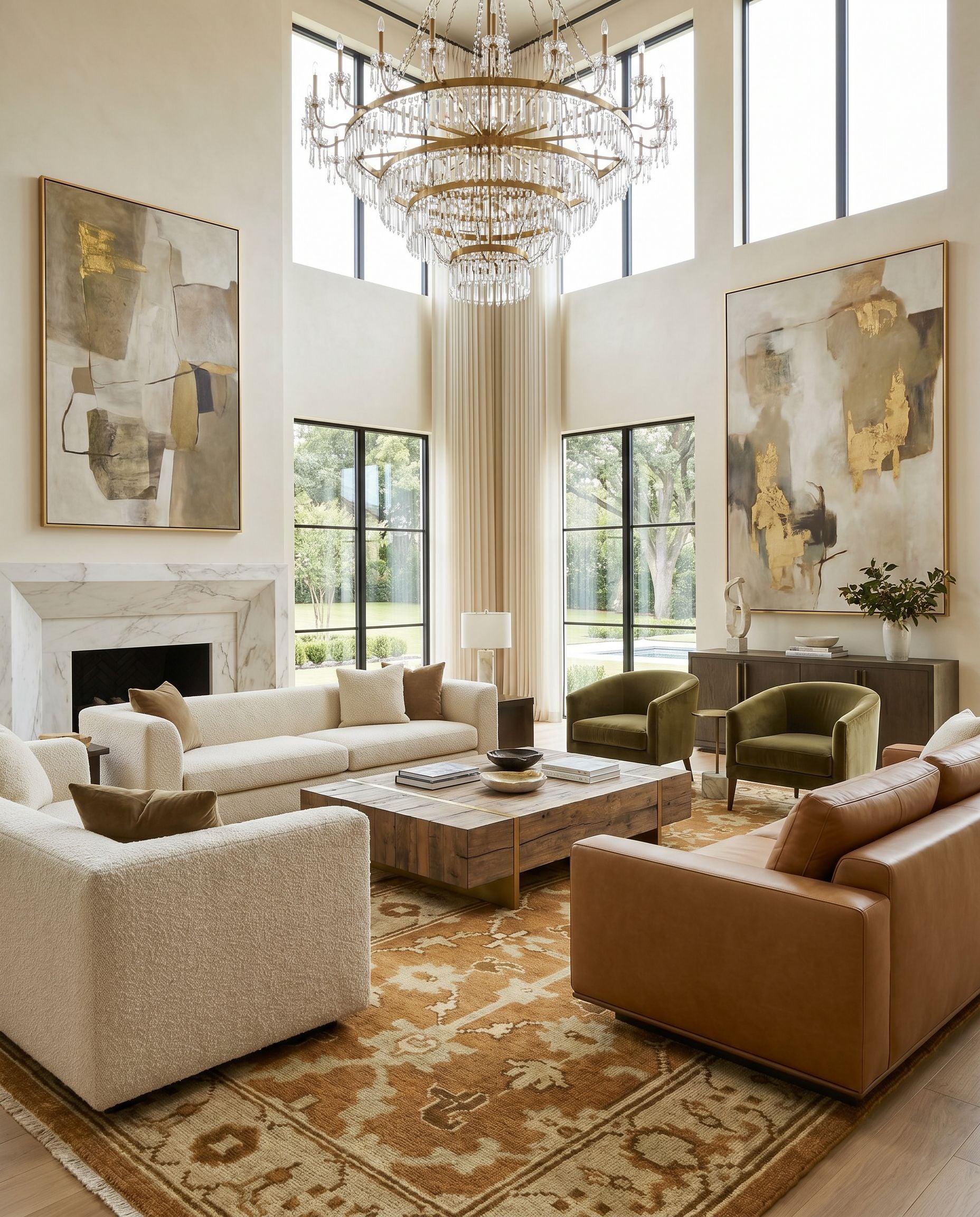 Ainsley AIN-1002 Hand Knotted Rug styled in an elegant designer living room — hand knotted traditional area rug in faded driftwood, dark brown, off white and straw tones