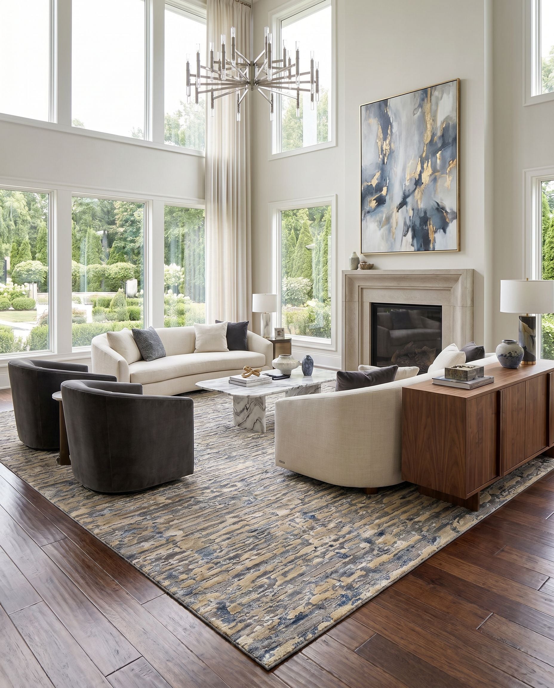 Seda SSD-2302 Hand Knotted Rug styled in an elegant designer living room — hand knotted modern area rug in black, medium gray, taupe and light beige tones