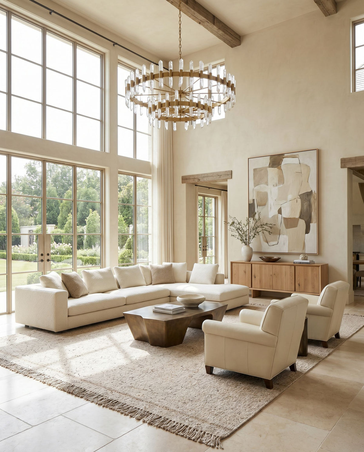 Aarhus ARU-2301 Hand Woven Rug styled in an elegant designer living room — hand woven cottage area rug in tan tones