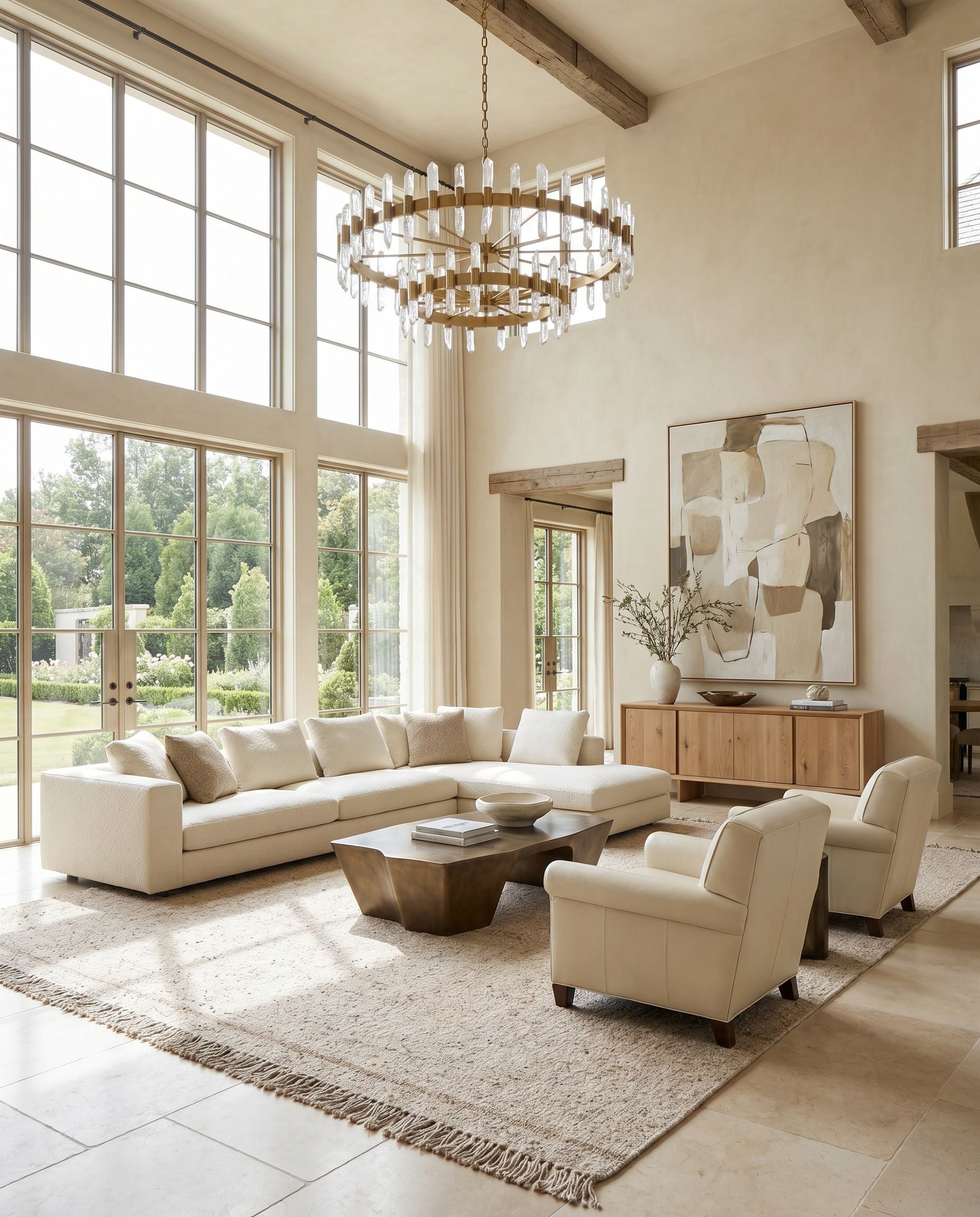Aarhus ARU-2301 Hand Woven Rug styled in an elegant designer living room — hand woven cottage area rug in tan tones
