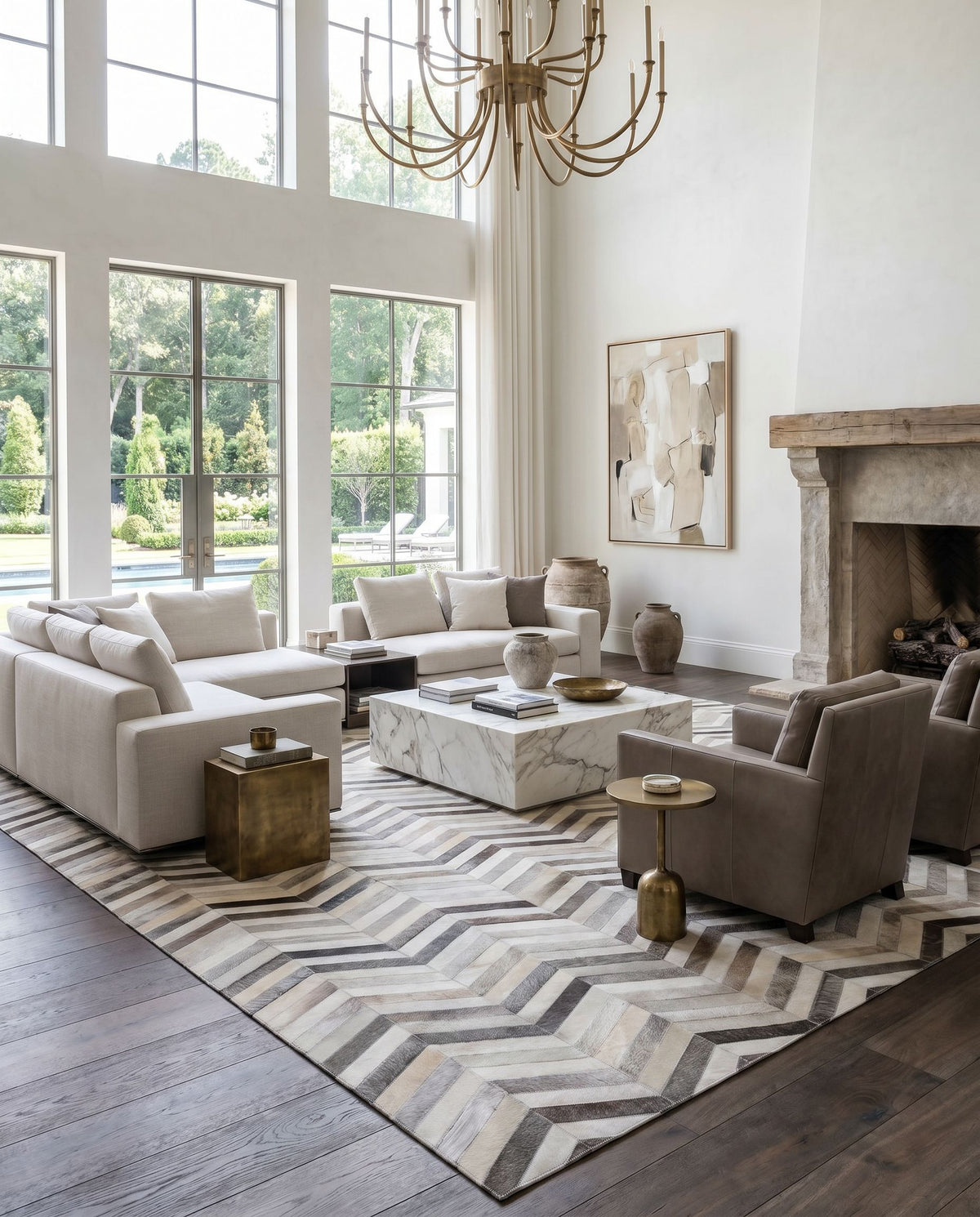 Trail TRL-1129 Hand Crafted Rug styled in an elegant designer living room — hand crafted modern area rug in light gray, gray, taupe and charcoal tones