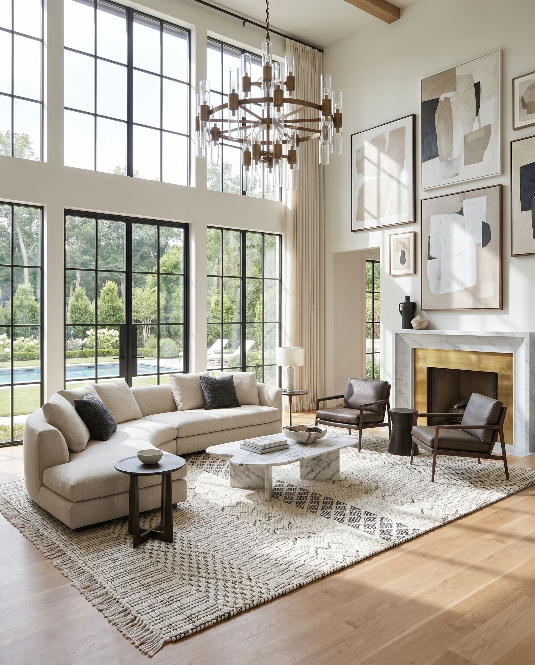 Saint Clair SIC-2302 Hand Woven Rug styled in an elegant designer living room — hand woven global area rug in black and cream tones