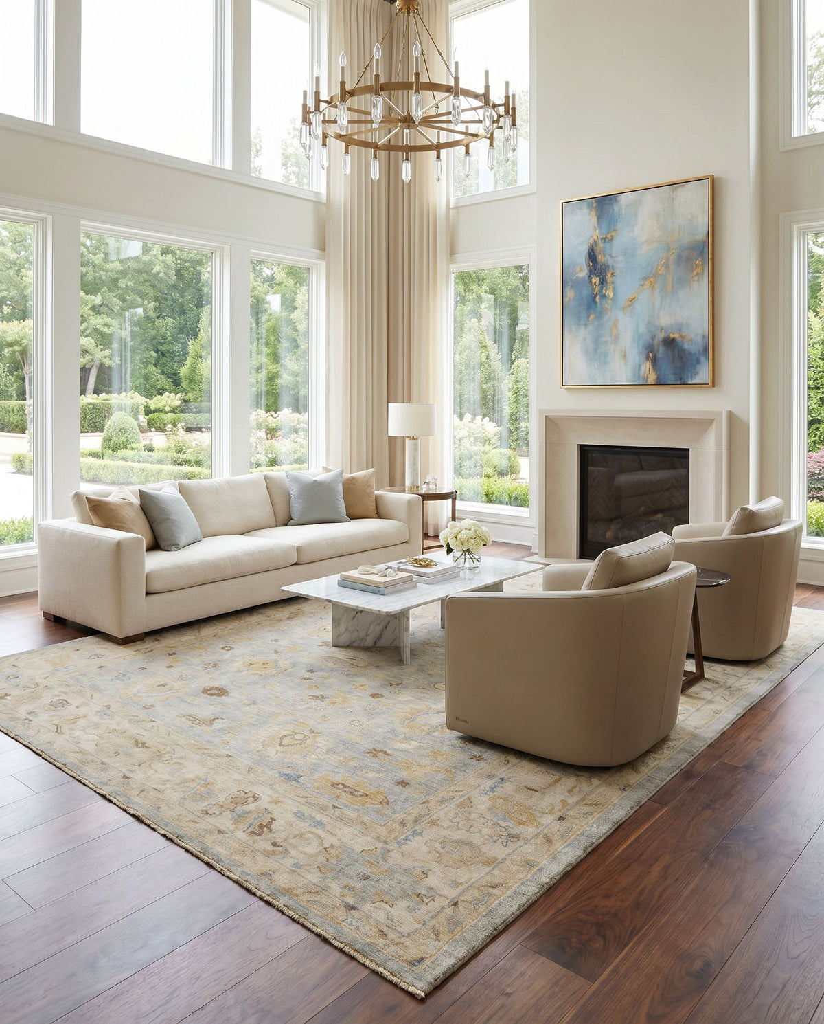 Normandy NOY-8011 Hand Knotted Rug styled in an elegant designer living room — hand knotted traditional area rug in oatmeal, taupe, pale blue and blue tones