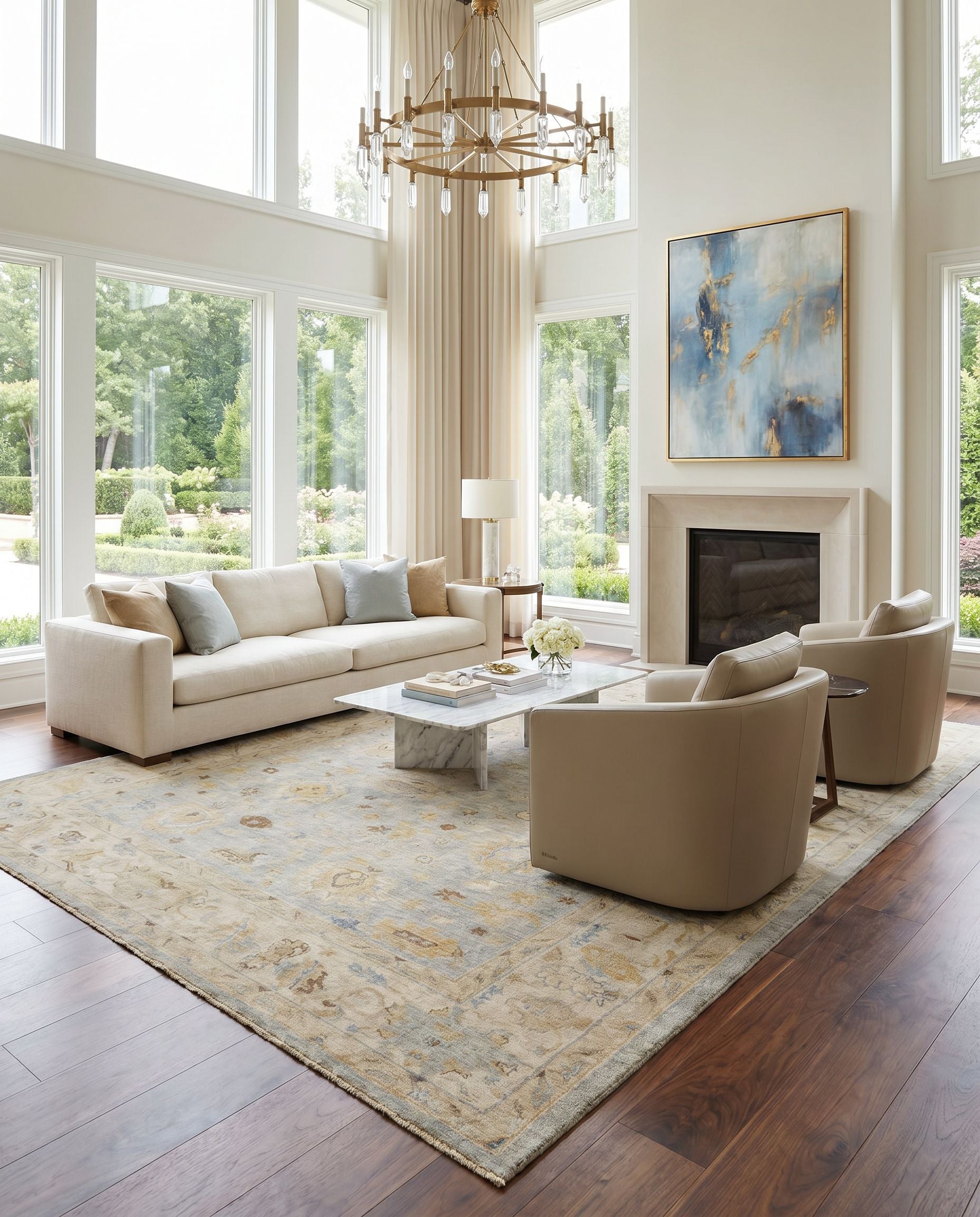 Normandy NOY-8011 Hand Knotted Rug styled in an elegant designer living room — hand knotted traditional area rug in oatmeal, taupe, pale blue and blue tones