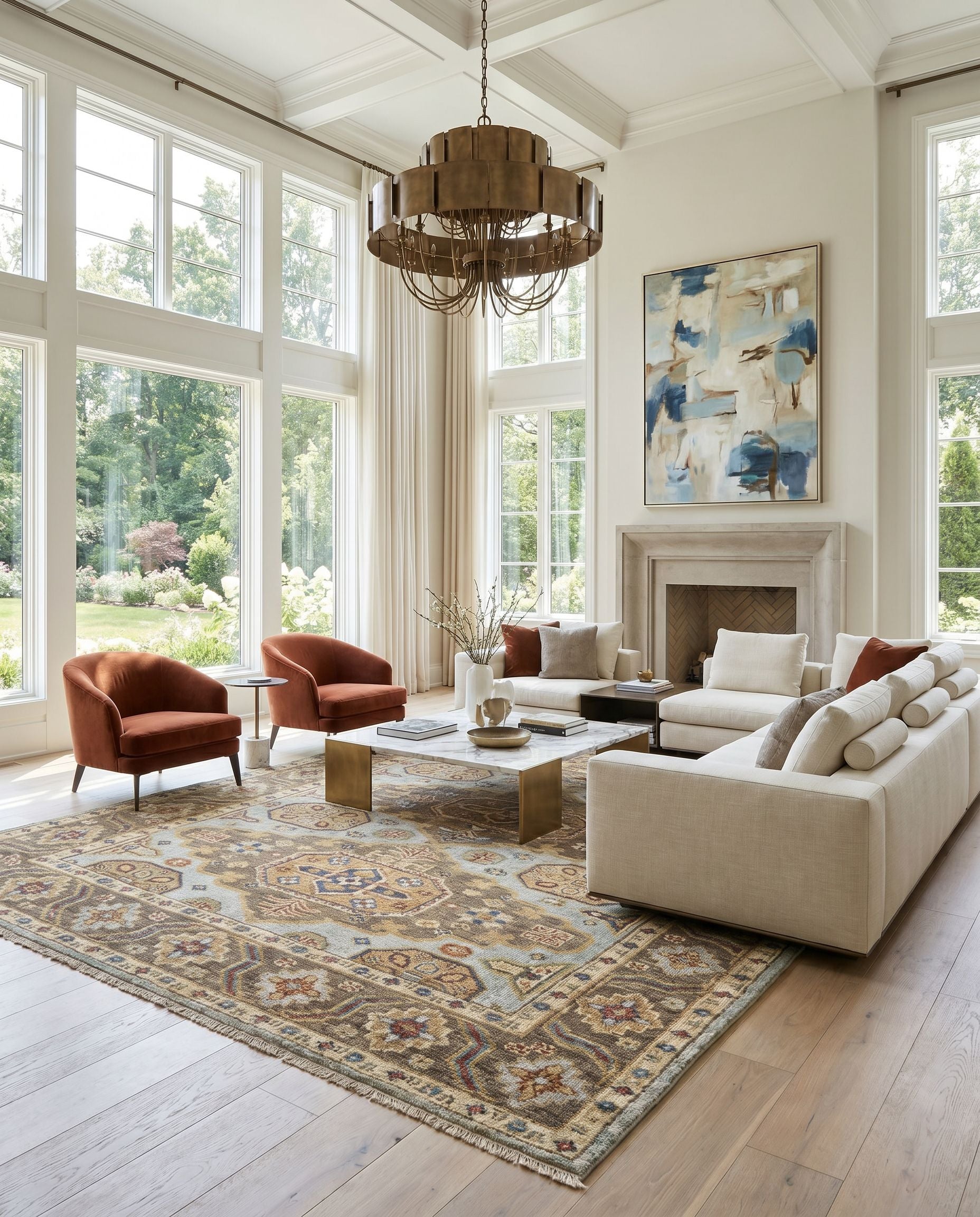 Biscayne BSY-2303 Hand Knotted Rug styled in an elegant designer living room — hand knotted traditional area rug in aqua, bright yellow, rust and ivory tones