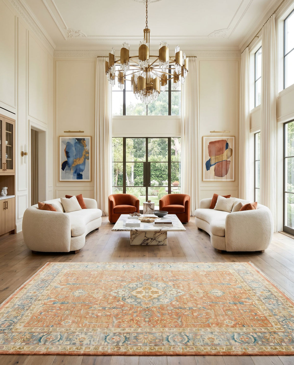 Hamadan HAM-2306 Hand Knotted Rug styled in an elegant designer living room — hand knotted traditional area rug in burnt orange, medium gray, ivory and mustard tones