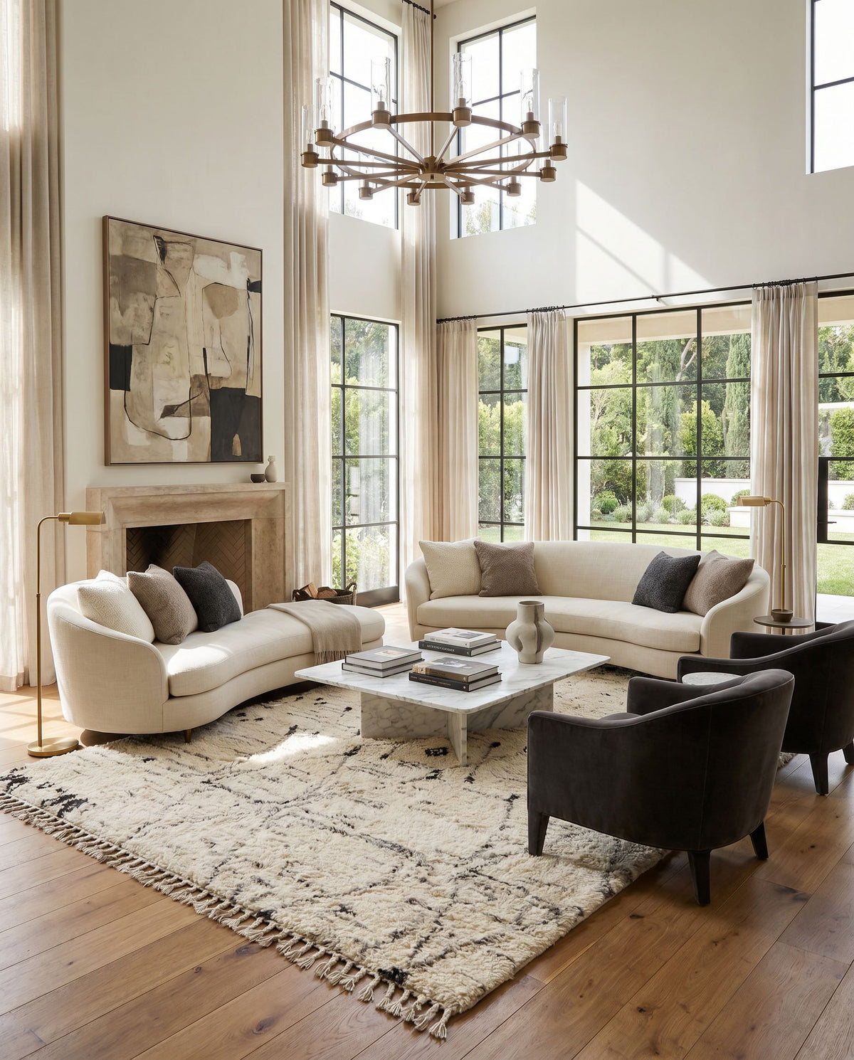 Camille CME-2304 Hand Knotted Rug styled in an elegant designer living room — hand knotted global area rug in cream, medium gray and black tones