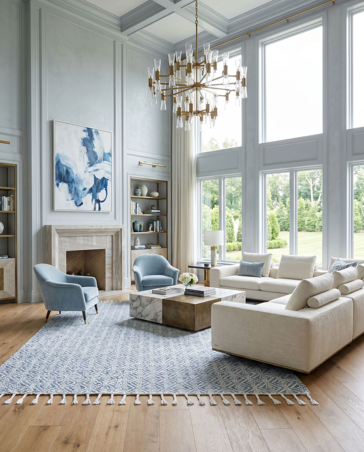 Peony PON-2304 Hand Woven Rug styled in an elegant designer living room — hand woven transitional, traditional area rug in powder blue, sky blue and ivory tones