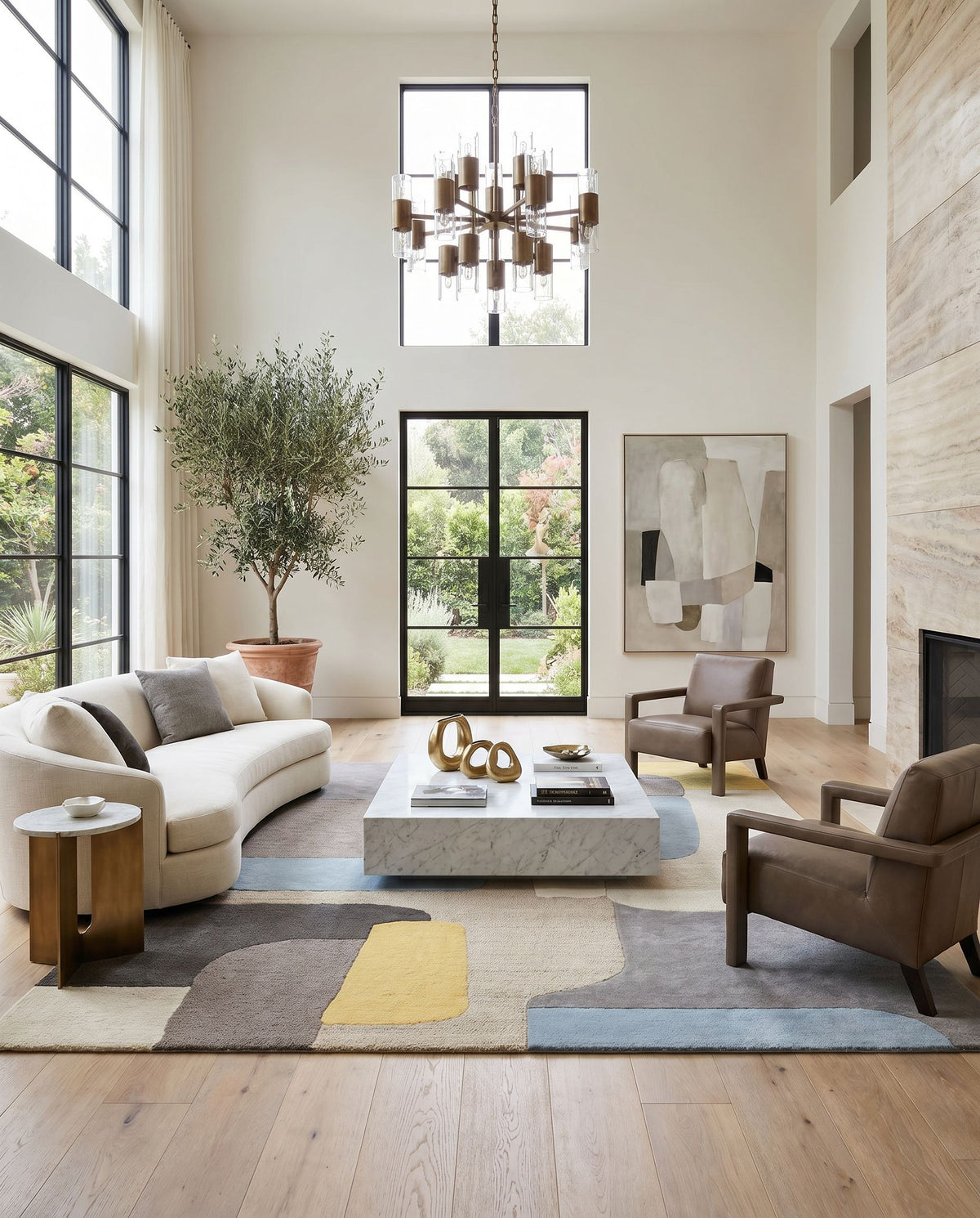 Brooklyn BRO-2300 Hand Tufted Rug styled in an elegant designer living room — hand tufted modern area rug in yellow, beige, charcoal and pale blue tones