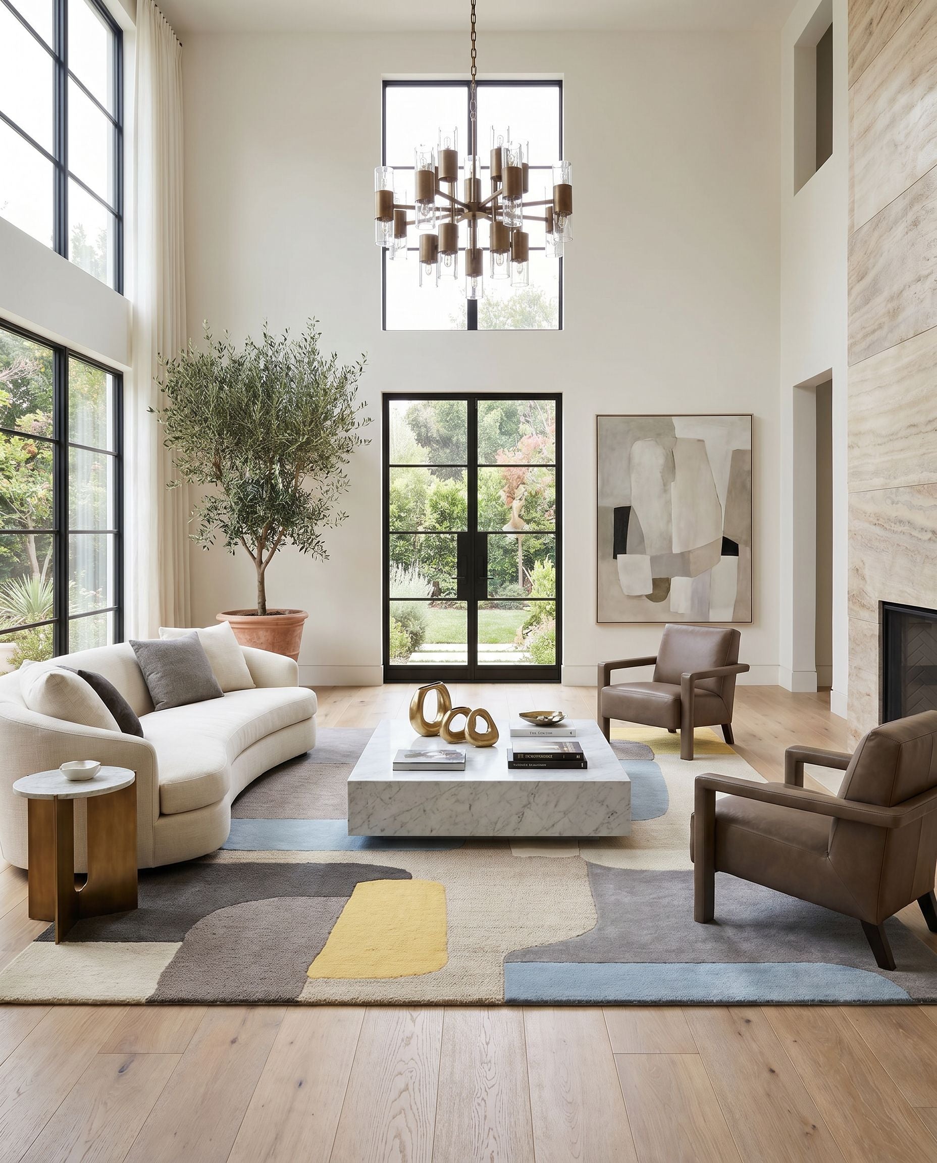 Brooklyn BRO-2300 Hand Tufted Rug styled in an elegant designer living room — hand tufted modern area rug in yellow, beige, charcoal and pale blue tones