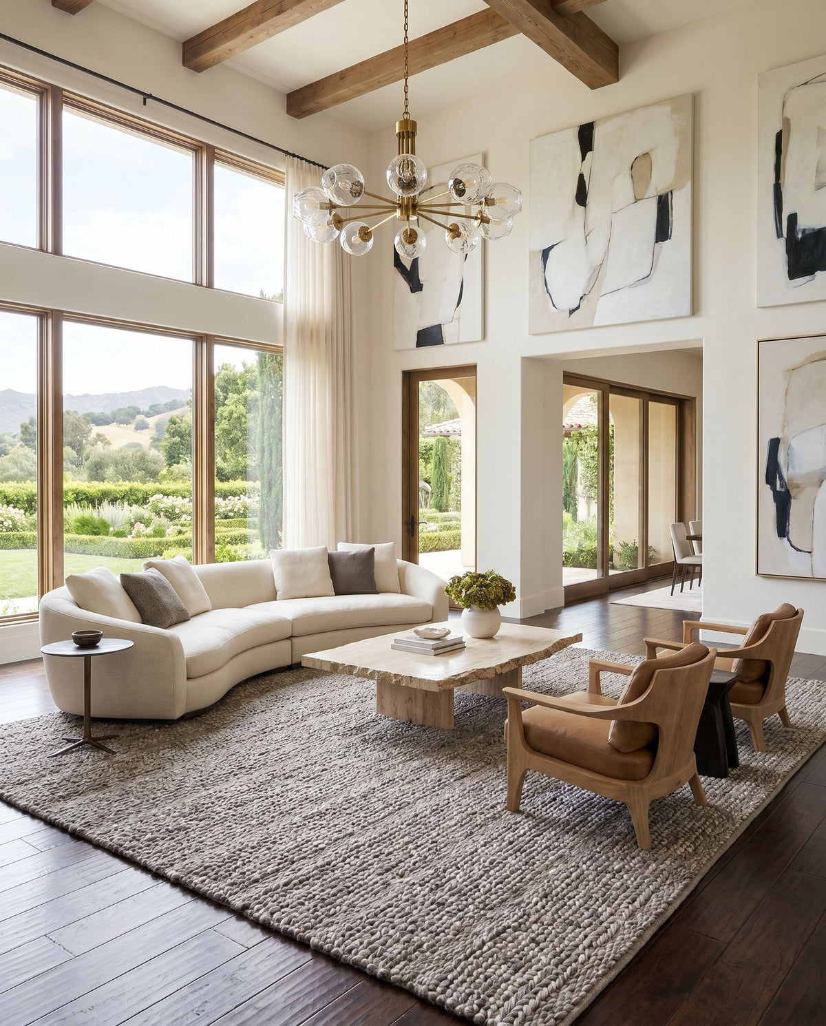 Tahoe TAH-3702 Hand Woven Rug styled in an elegant designer living room — hand woven modern area rug in charcoal, brown and ivory tones