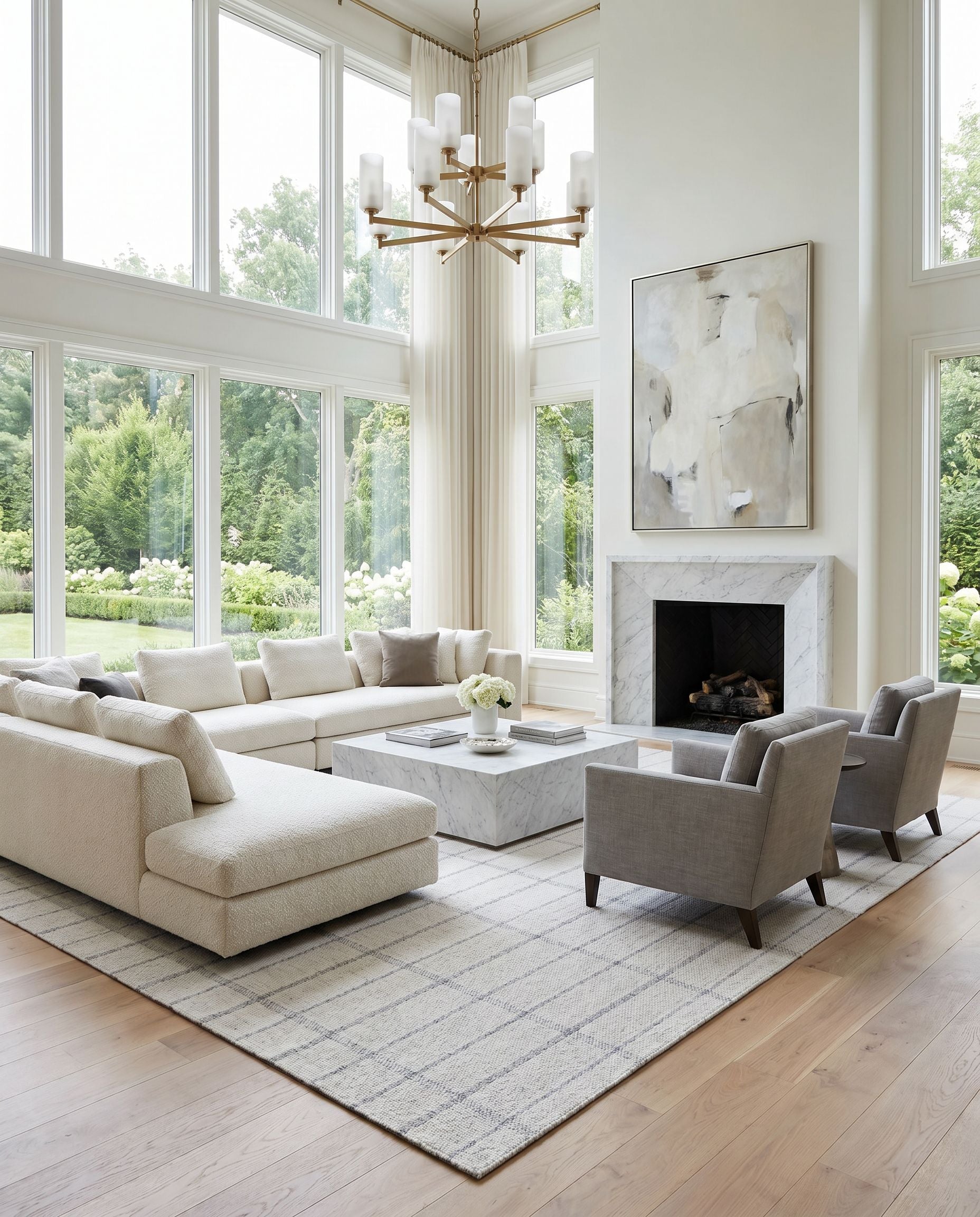 Tartan TAR-2304 Hand Woven Rug styled in an elegant designer living room — hand woven cottage area rug in oatmeal and slate tones