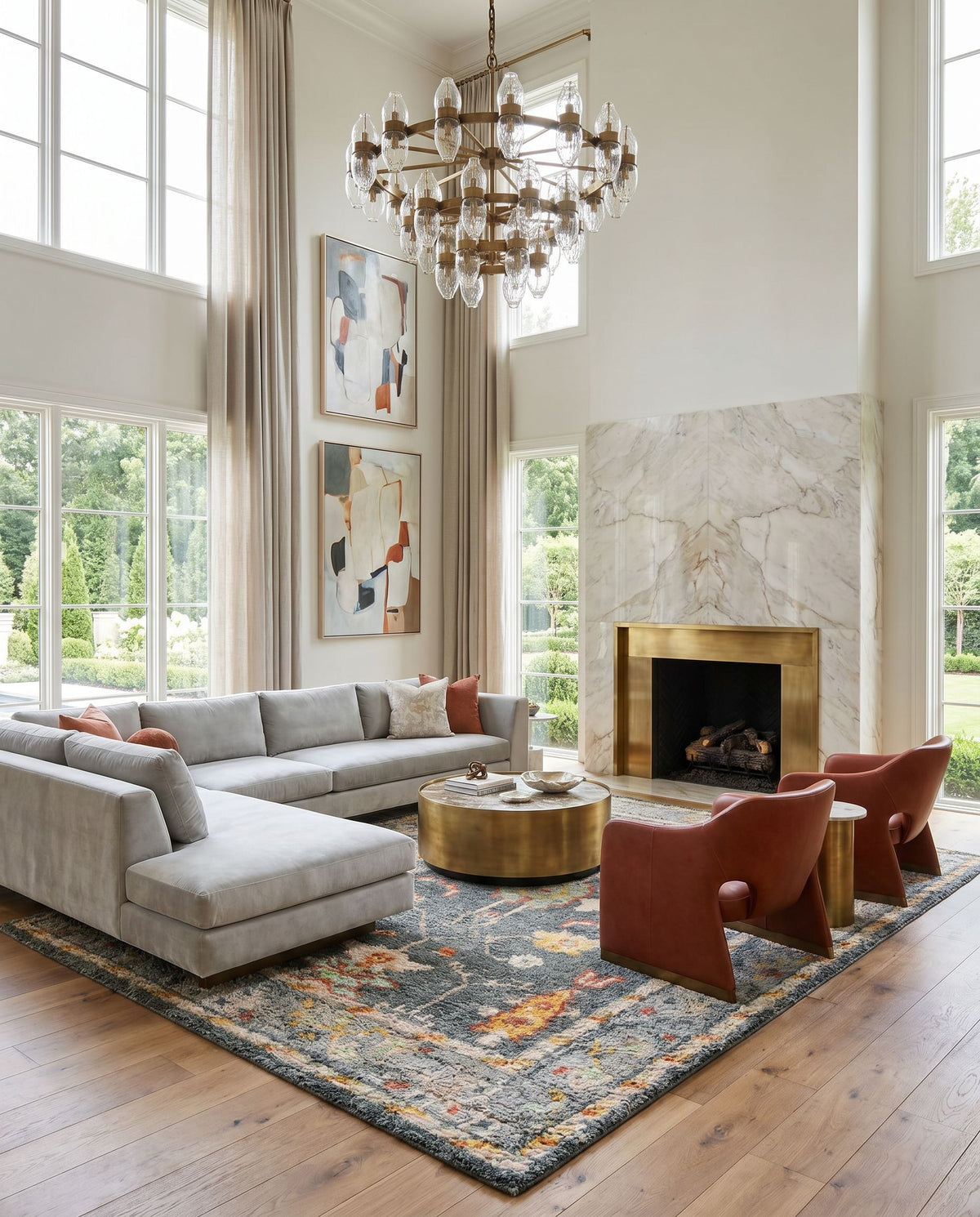 Marrakech MRK-2305 Hand Knotted Rug styled in an elegant designer living room — hand knotted traditional area rug in charcoal, mustard, rust and pale blue tones