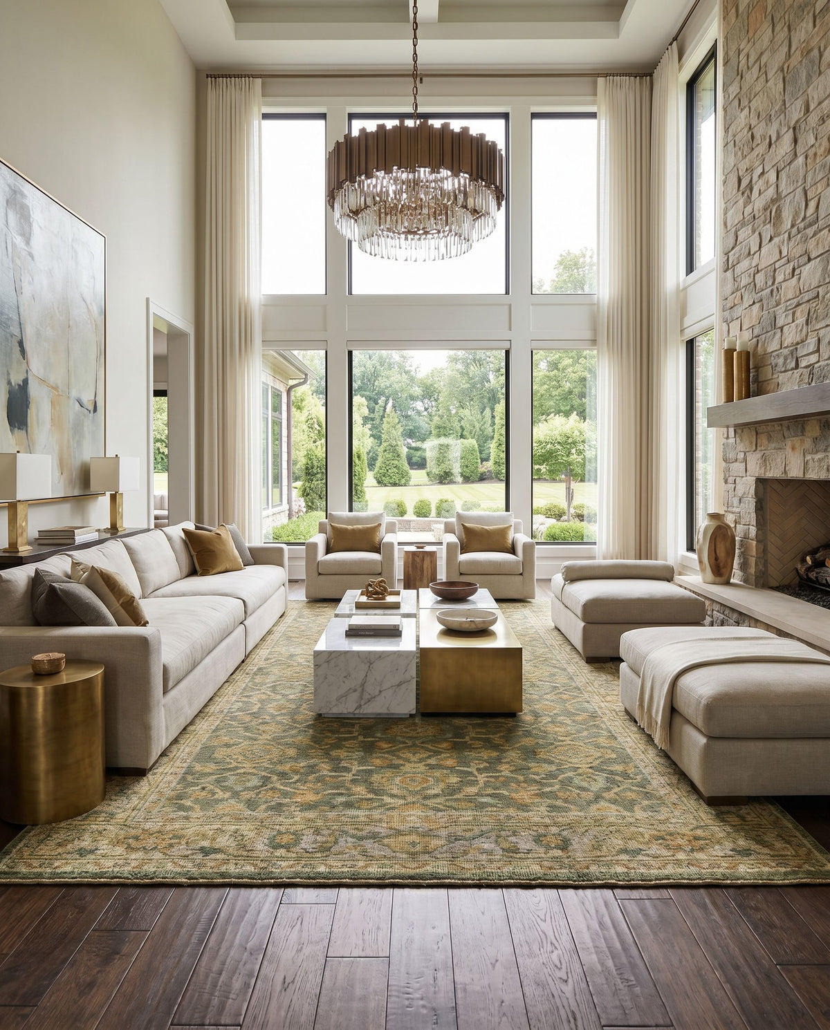 Reign REG-2310 Hand Knotted Rug styled in an elegant designer living room — hand knotted traditional area rug in sage, brown, grass green and orange tones