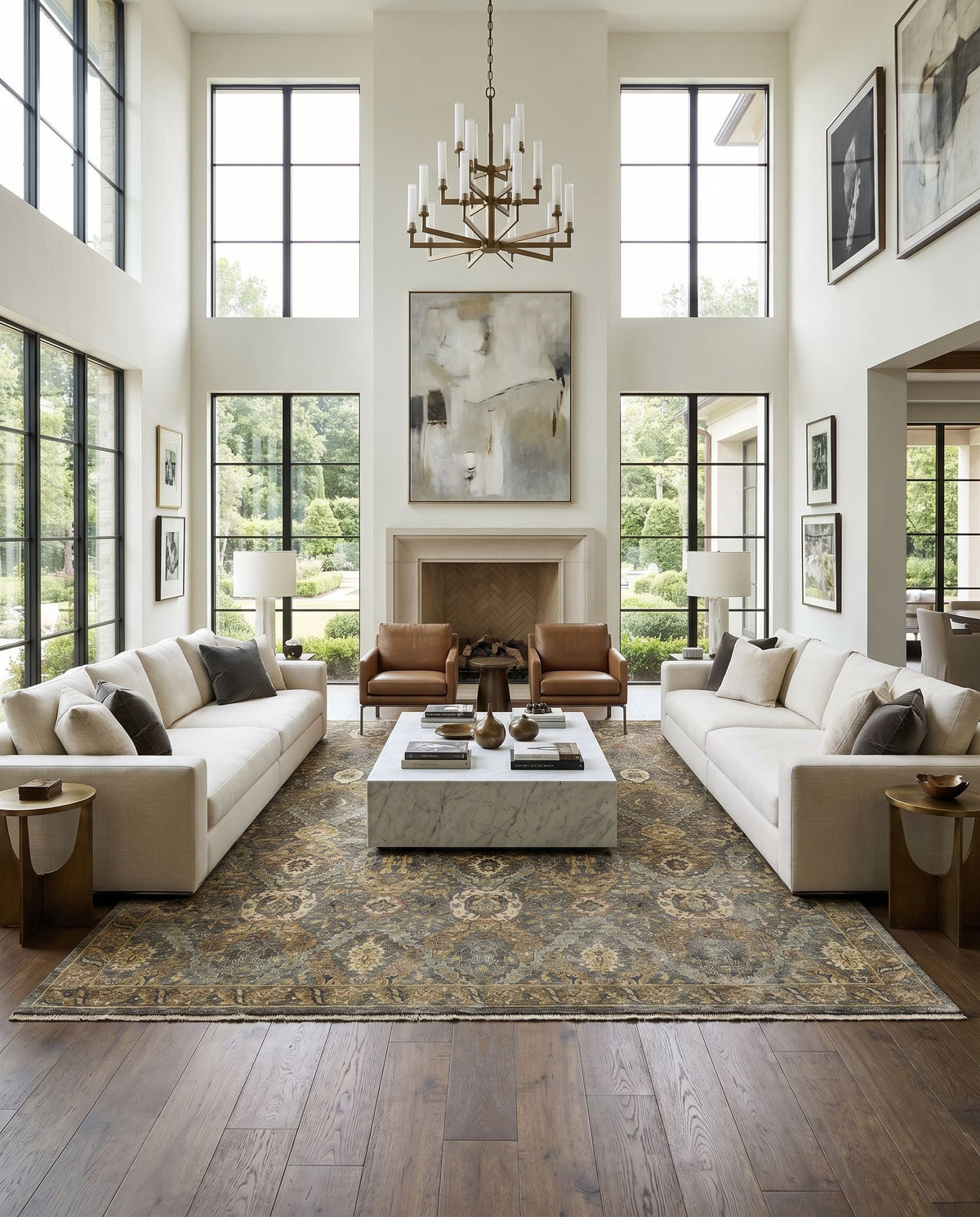 Anatolia ANY-2302 Hand Knotted Rug styled in an elegant designer living room — hand knotted traditional area rug in medium green, sage, mustard and brown tones