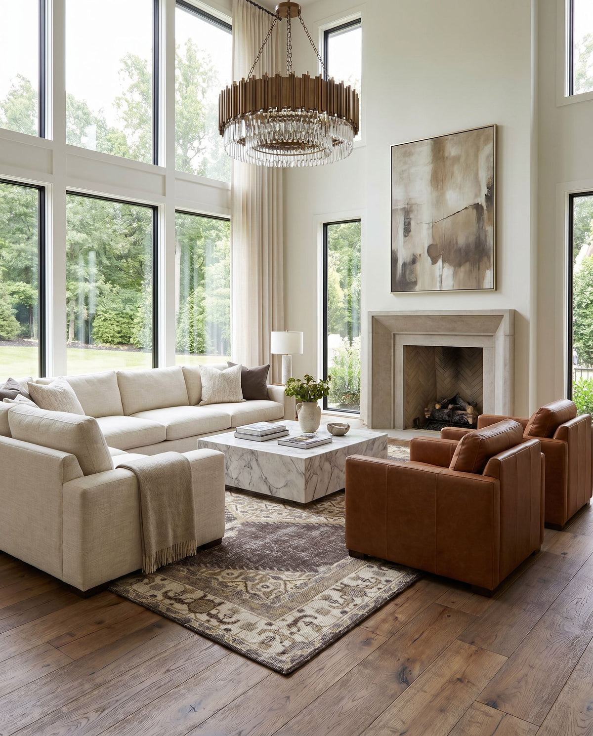 Zahra ZHA-4011 Hand Knotted Rug styled in an elegant designer living room — hand knotted traditional area rug in brown, medium gray, charcoal and slate tones