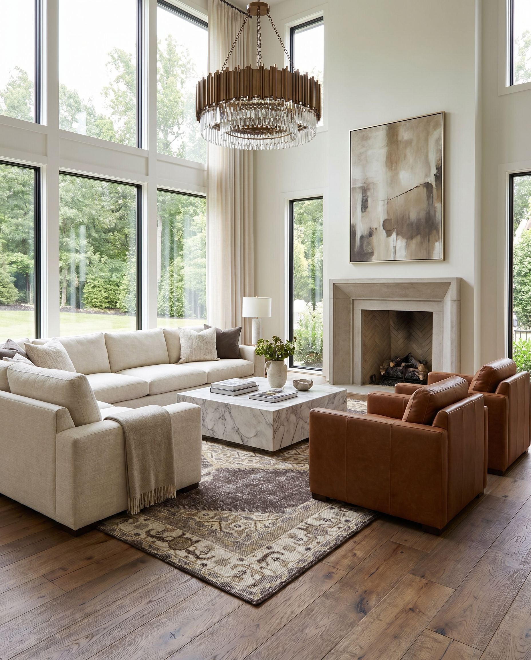 Zahra ZHA-4011 Hand Knotted Rug styled in an elegant designer living room — hand knotted traditional area rug in brown, medium gray, charcoal and slate tones