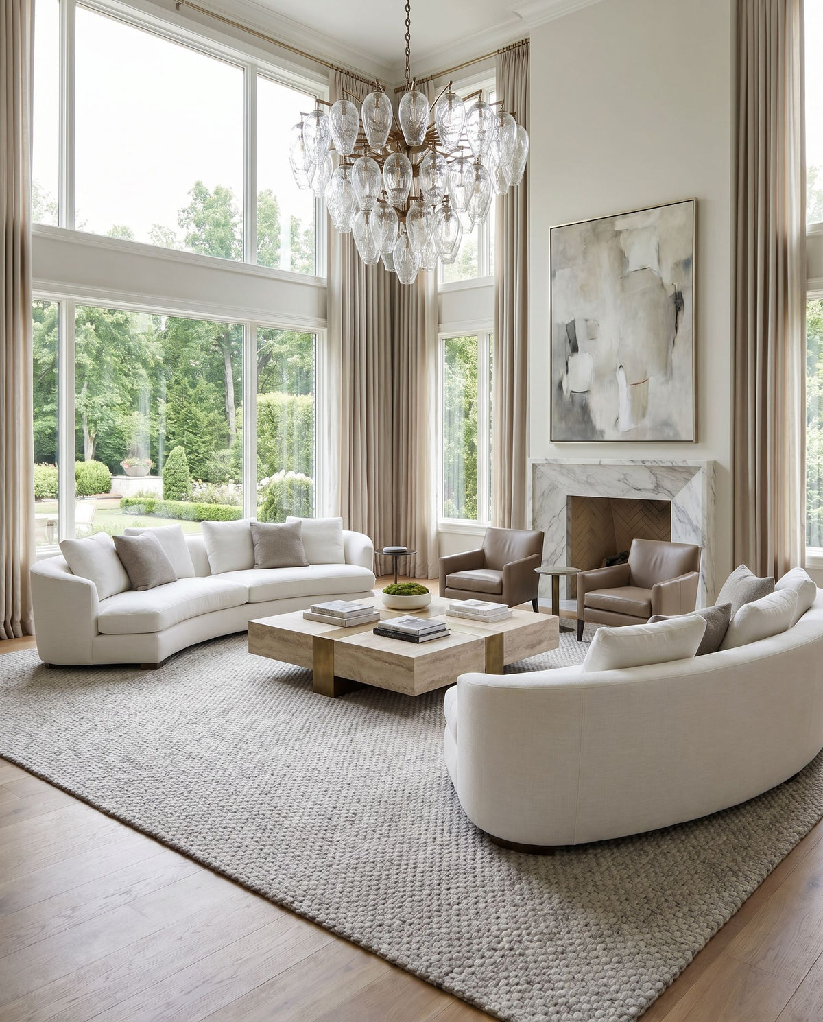 Empoli EPO-2311 Hand Woven Rug styled in an elegant designer living room — hand woven cottage area rug in ivory, dove gray and pearl tones