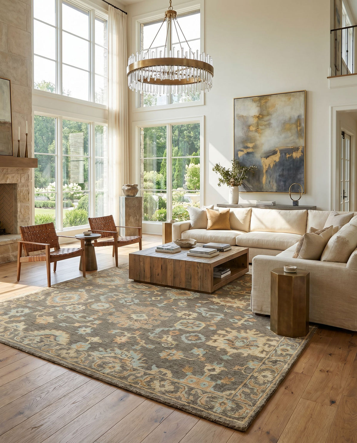 Cappadocia CPP-5032 Hand Knotted Rug styled in an elegant designer living room — hand knotted traditional area rug in burnt orange, seafoam, charcoal and olive tones