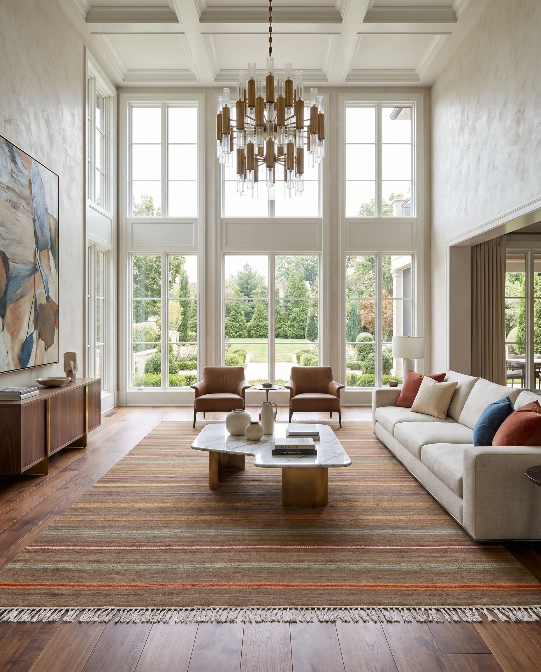 Miguel MIG-5007 Hand Woven Rug styled in an elegant designer living room — hand woven cottage area rug in dark brown, light blue, burgundy and olive tones