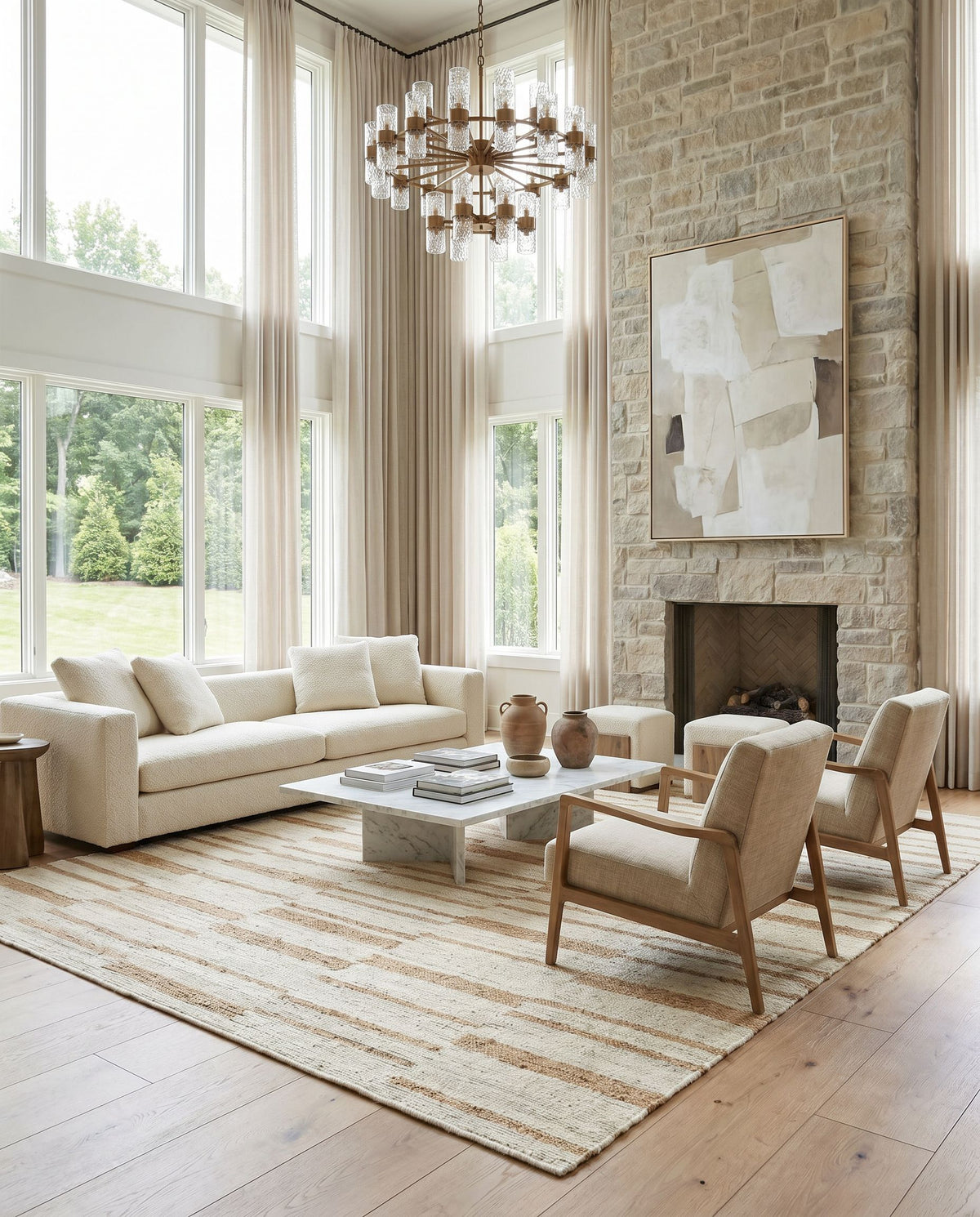 Diane DAI-2307 Hand Woven Rug styled in an elegant designer living room — hand woven cottage area rug in cream and tan tones