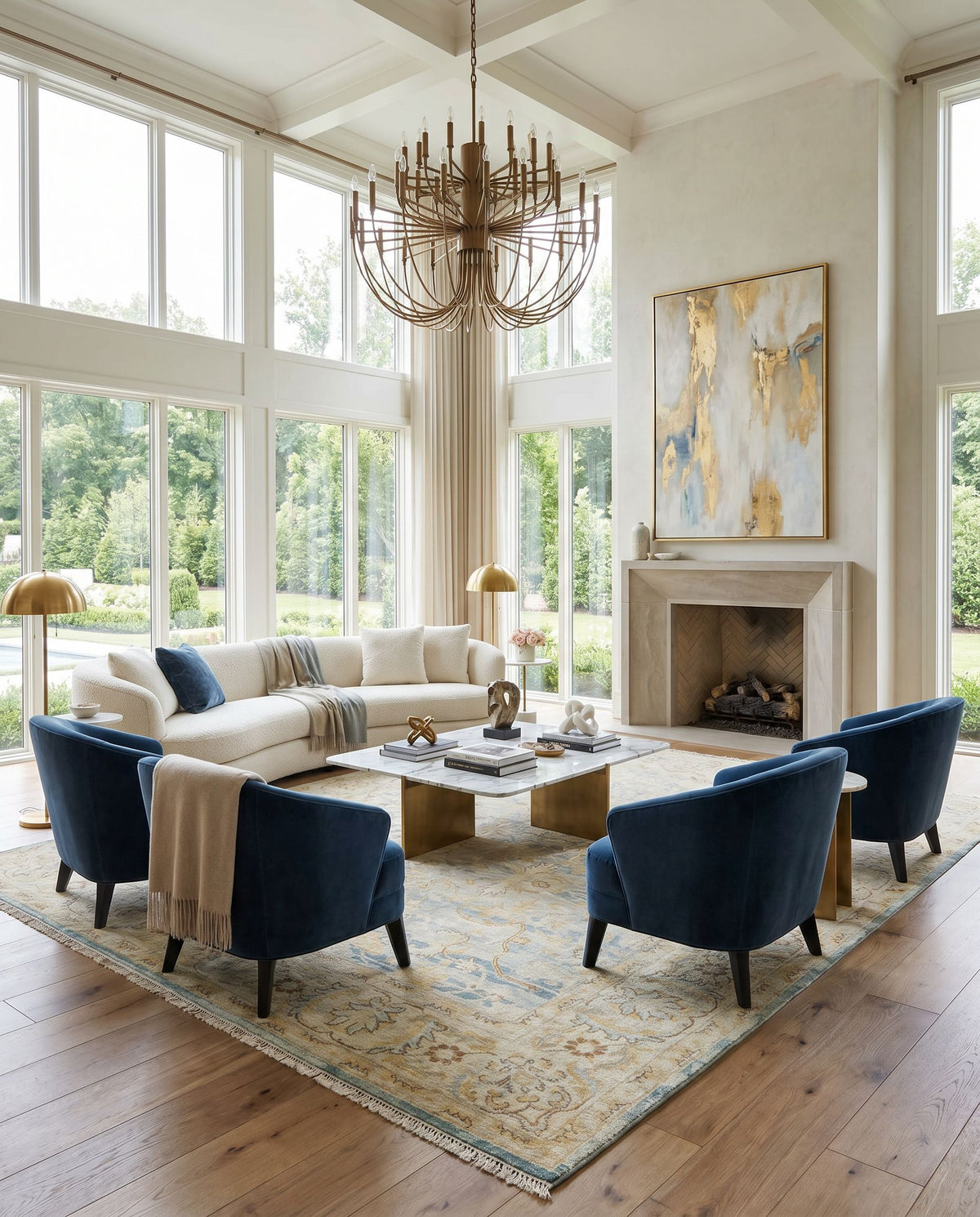 Hamadan HAM-2305 Hand Knotted Rug styled in an elegant designer living room — hand knotted traditional area rug in beige, teal, pale blue and mustard tones