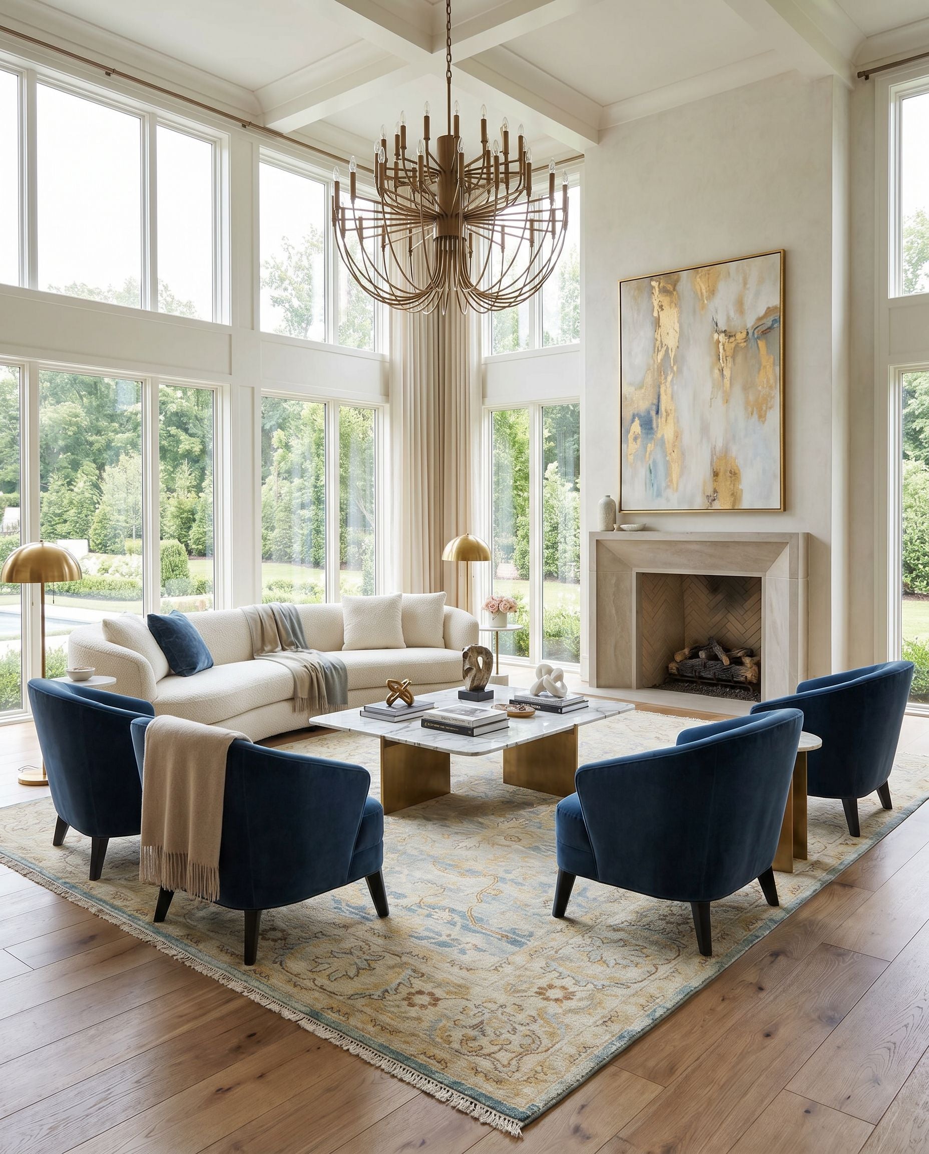 Hamadan HAM-2305 Hand Knotted Rug styled in an elegant designer living room — hand knotted traditional area rug in beige, teal, pale blue and mustard tones