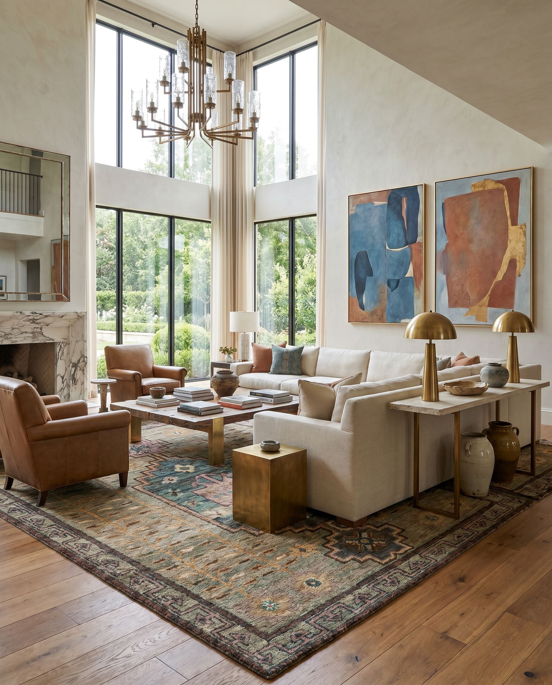 Scarborough SCR-5161 Hand Knotted Rug styled in an elegant designer living room — hand knotted global area rug in medium green, sage, dusty pink and burnt orange tones