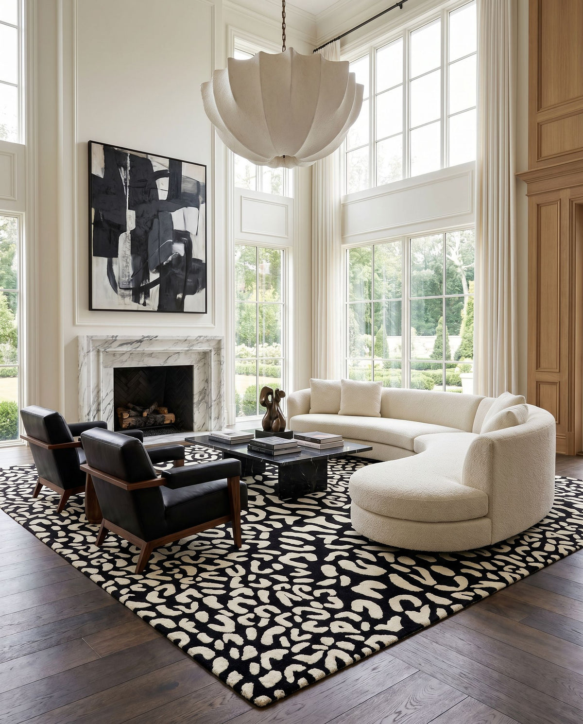 Athena ATH-5169 Hand Tufted Rug styled in an elegant designer living room — hand tufted modern area rug in black and cream tones