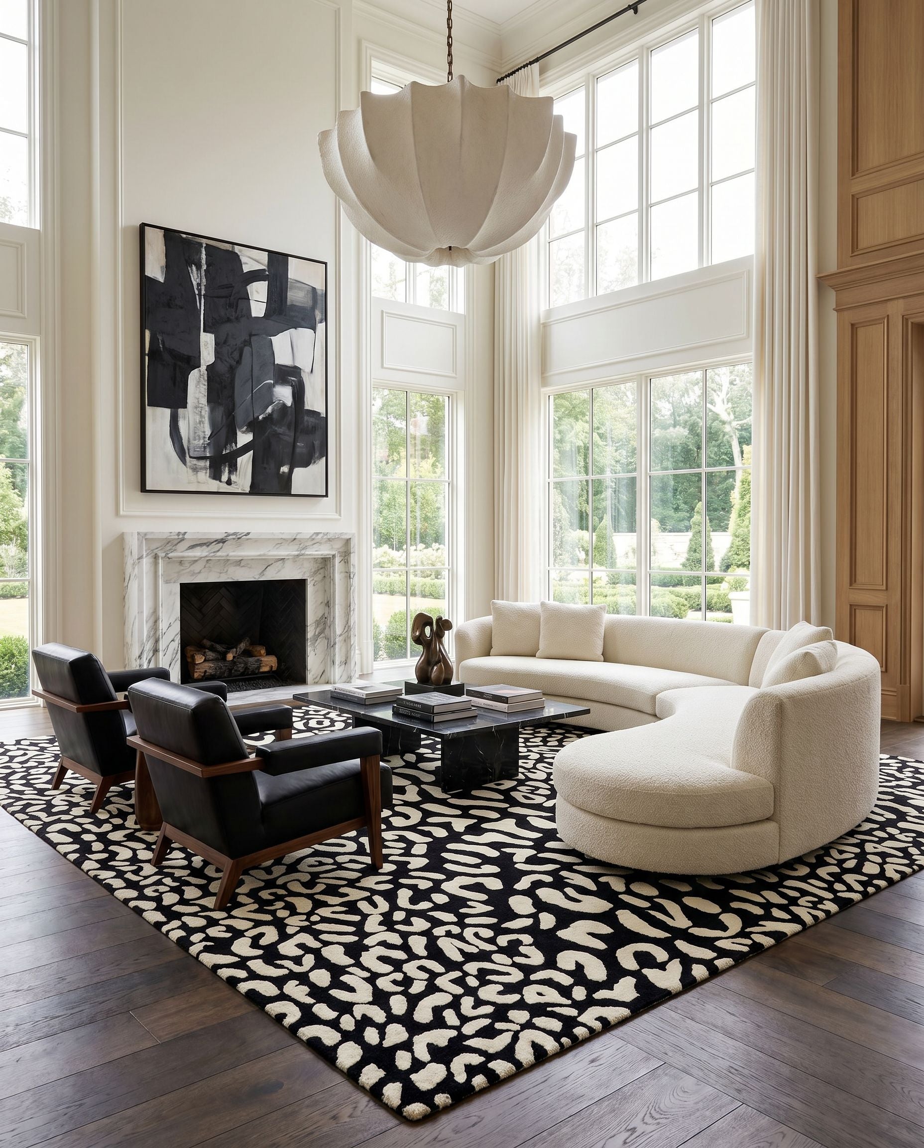 Athena ATH-5169 Hand Tufted Rug styled in an elegant designer living room — hand tufted modern area rug in black and cream tones