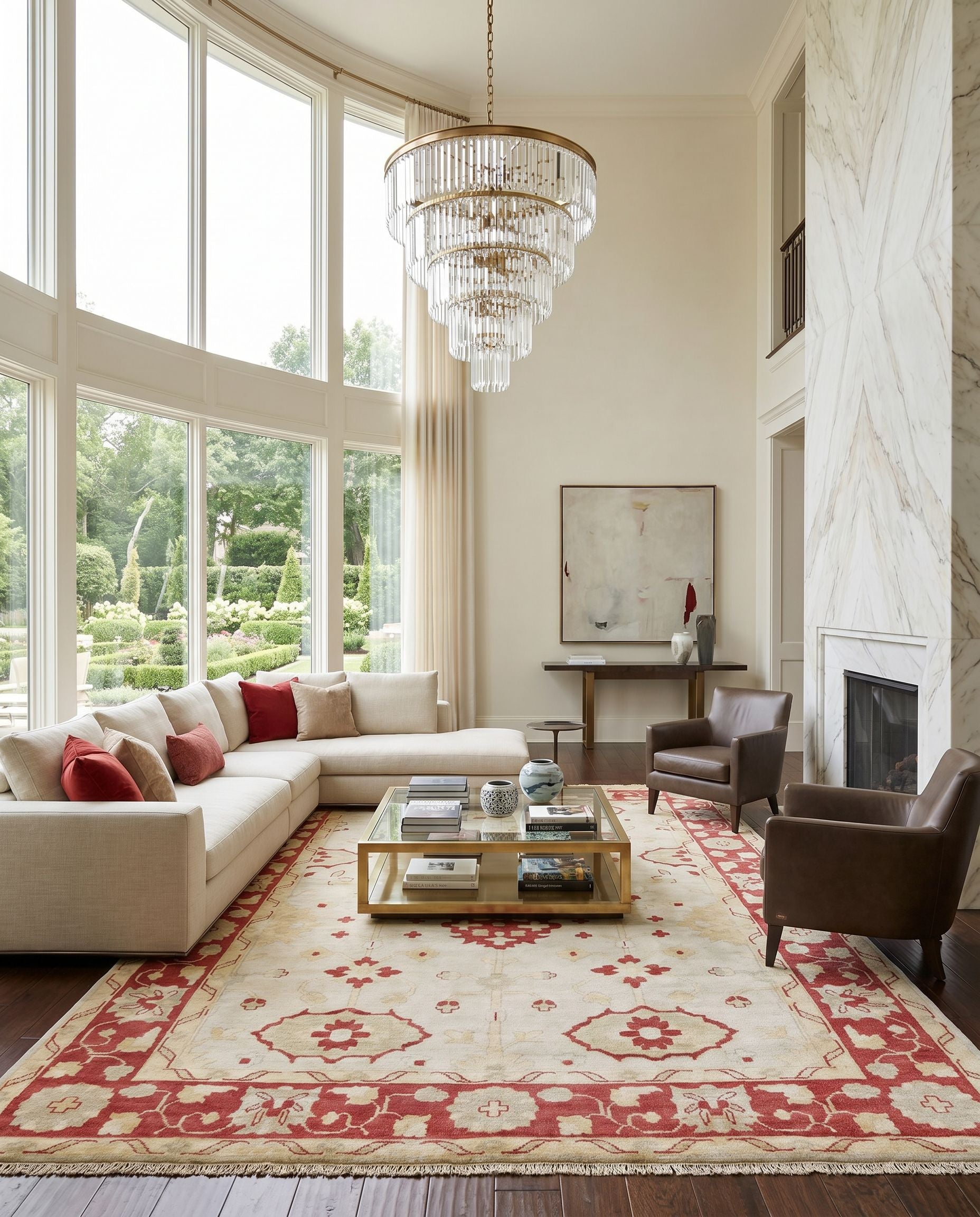 Antique ATQ-1009 Hand Knotted Rug styled in an elegant designer living room — hand knotted traditional area rug in burgundy, beige, tan and mustard tones