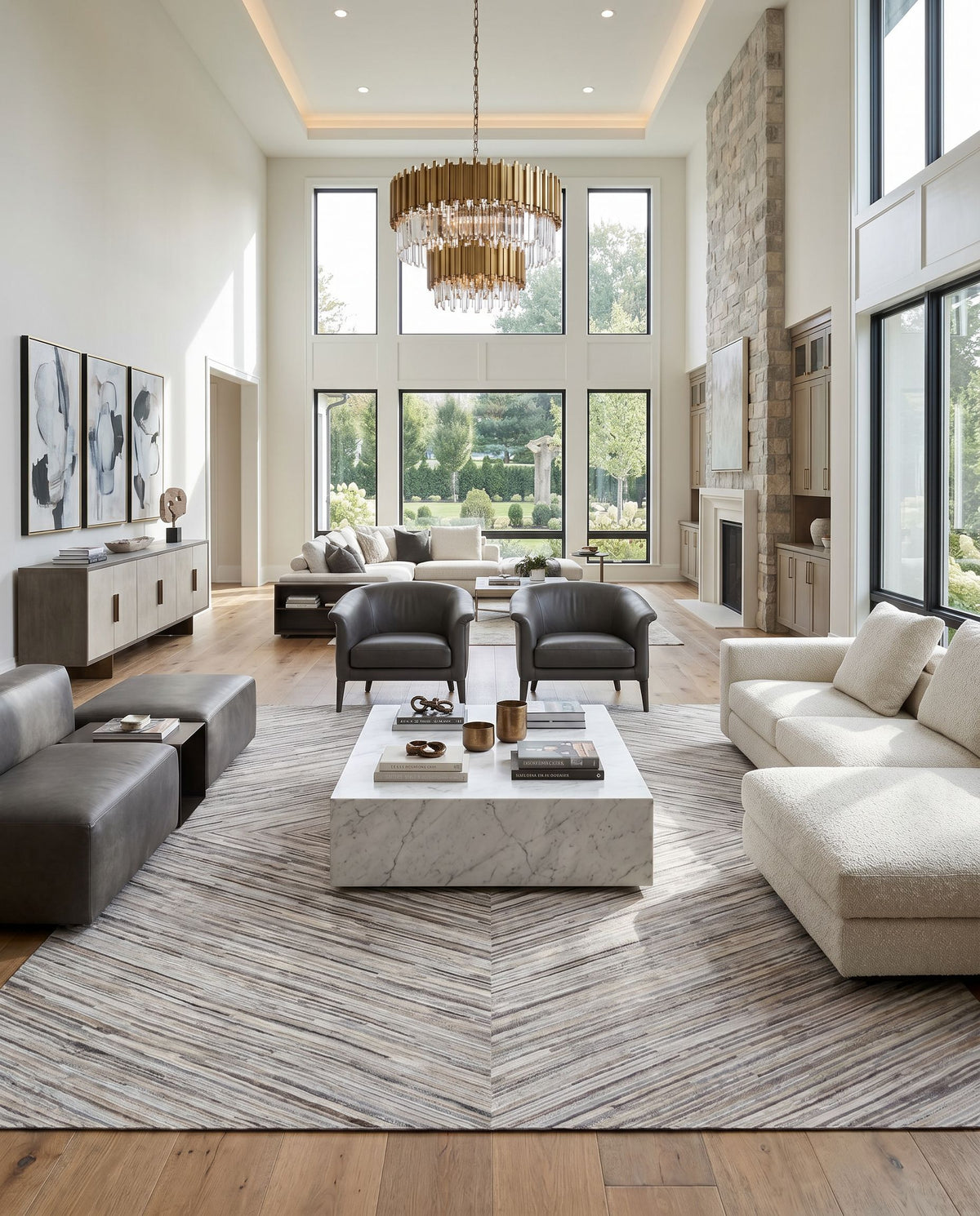 Zander ZND-1003 Hand Crafted Rug styled in an elegant designer living room — hand crafted modern area rug in cream, medium gray and brown tones
