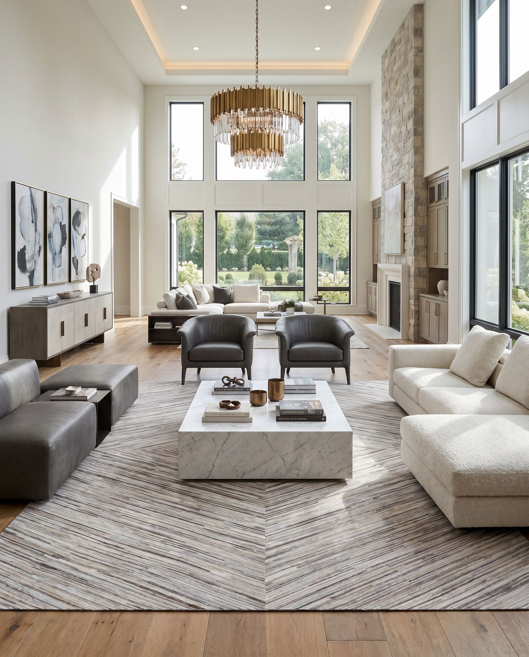 Zander ZND-1003 Hand Crafted Rug styled in an elegant designer living room — hand crafted modern area rug in cream, medium gray and brown tones