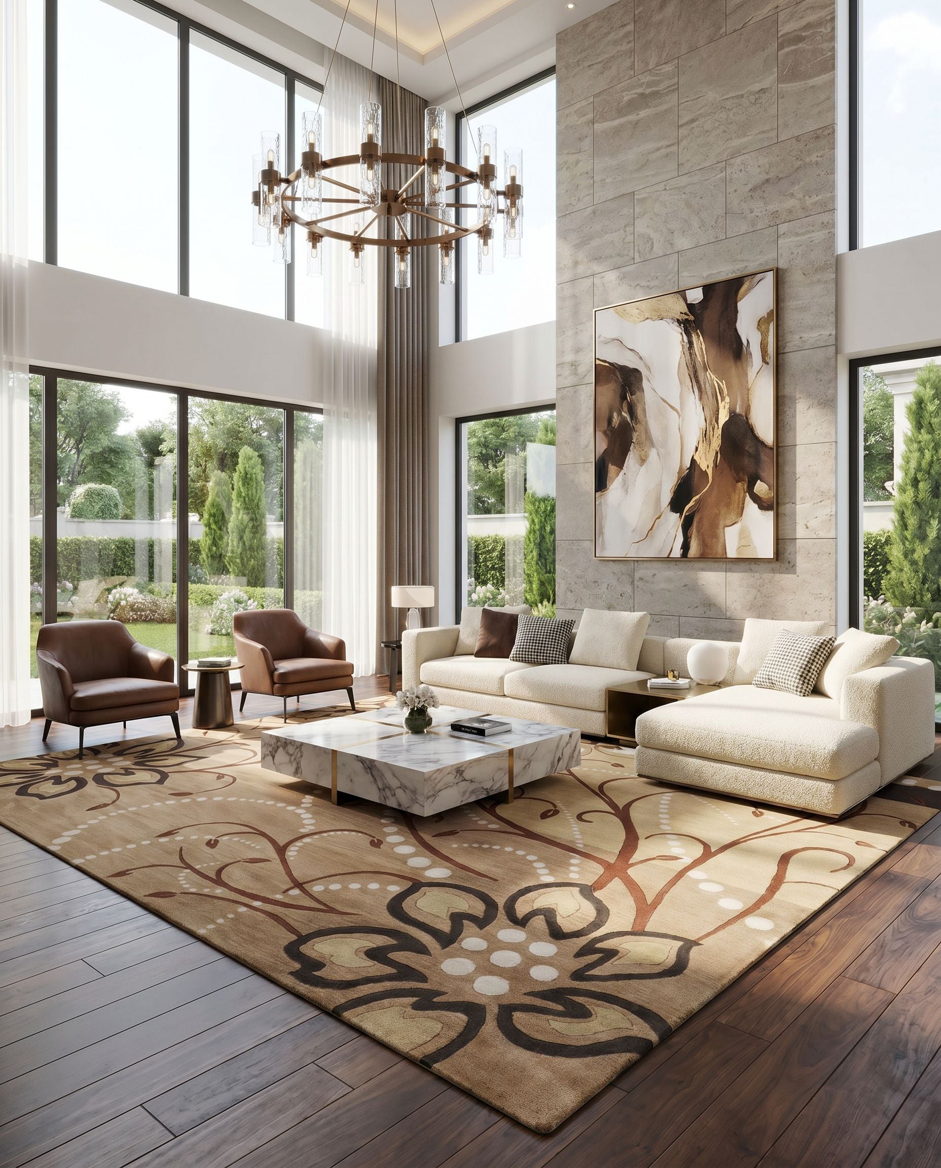 Athena ATH-5006 Hand Tufted Rug styled in an elegant designer living room — hand tufted modern area rug in mustard, brown, beige and dark brown tones