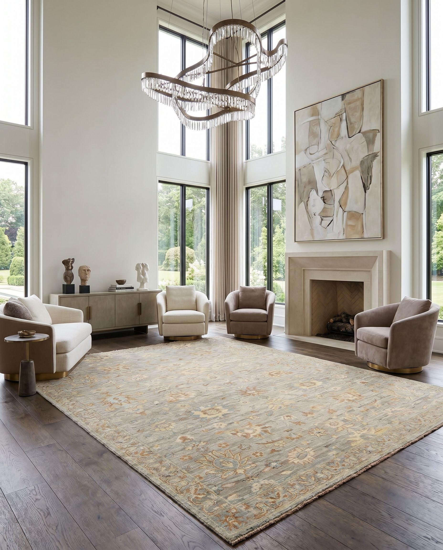Ghazni GHZ-2302 Hand Knotted Rug styled in an elegant designer living room — hand knotted traditional area rug in tan, dark blue, light blue and gray tones