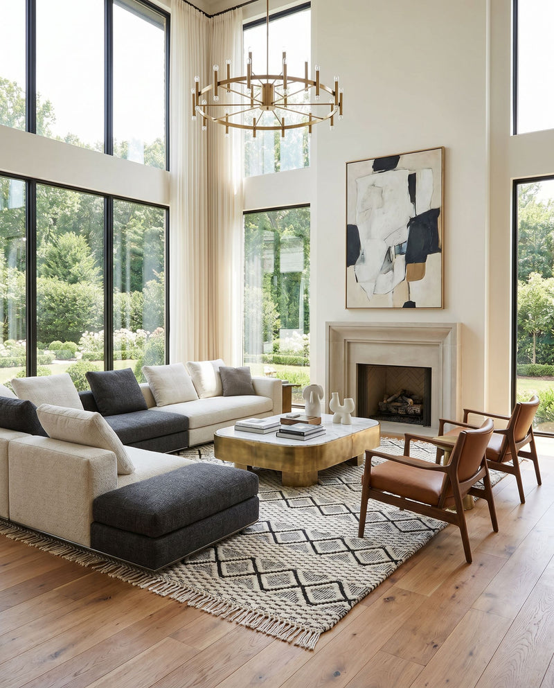 Saint Clair SIC-2301 Hand Woven Rug styled in an elegant designer living room — hand woven global area rug in black and cream tones