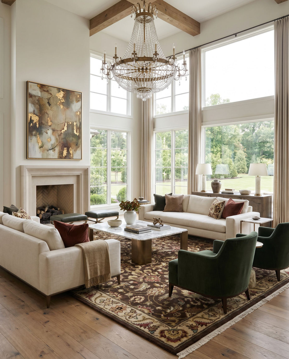 Dinar DIN-1591 Hand Knotted Rug styled in an elegant designer living room — hand knotted traditional area rug in cream, dark brown, olive and tan tones