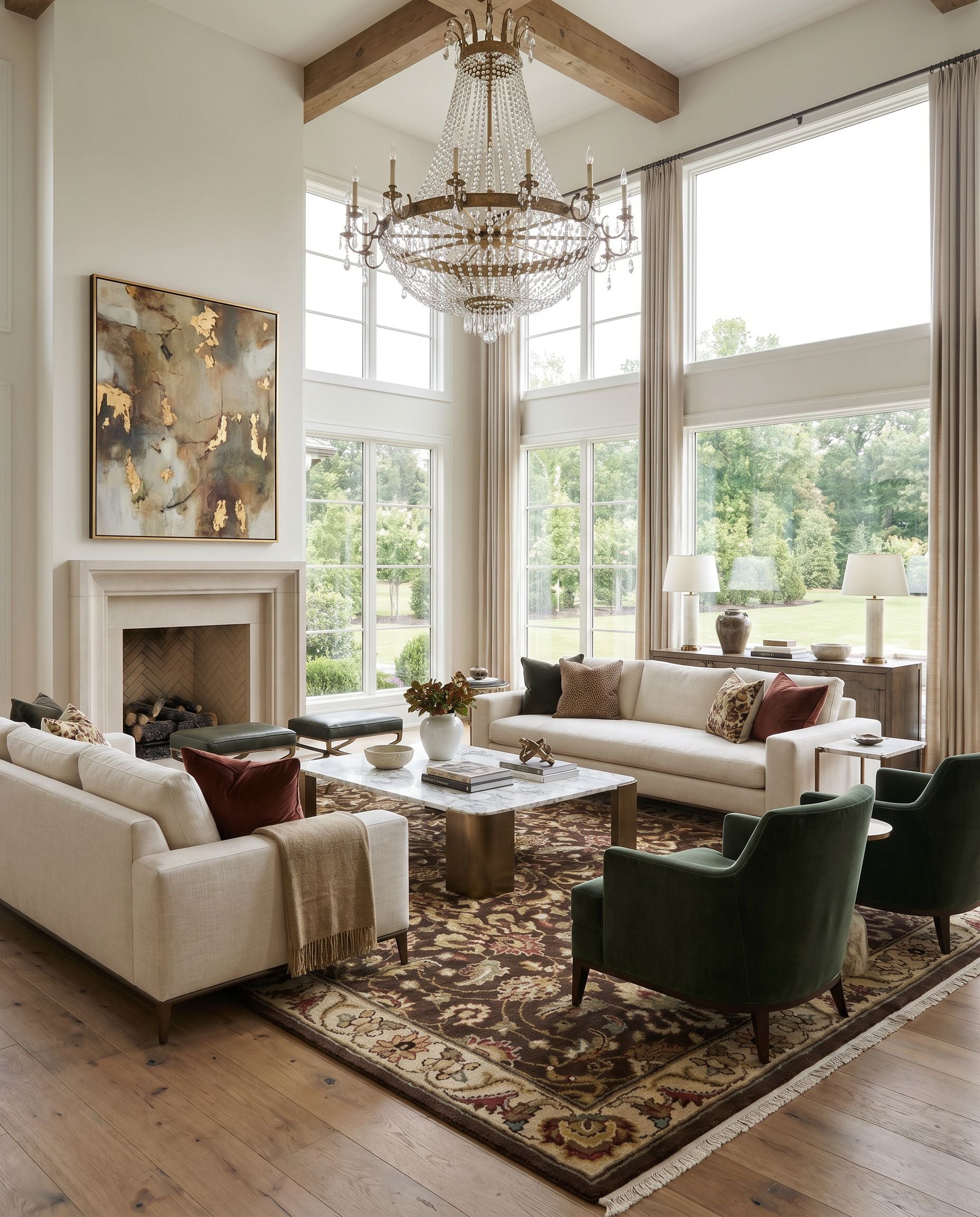 Dinar DIN-1591 Hand Knotted Rug styled in an elegant designer living room — hand knotted traditional area rug in cream, dark brown, olive and tan tones