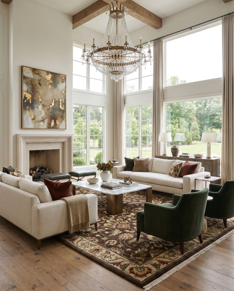 Dinar DIN-1591 Hand Knotted Rug styled in an elegant designer living room — hand knotted traditional area rug in cream, dark brown, olive and tan tones