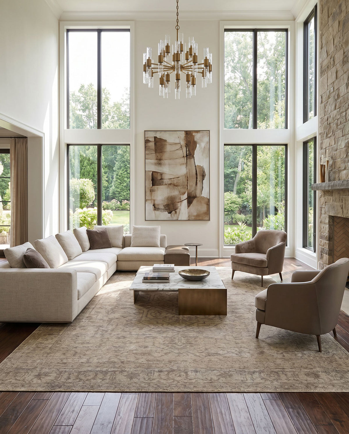Smyrna SMY-2302 Hand Knotted Rug styled in an elegant designer living room — hand knotted traditional area rug in charcoal, beige and black tones