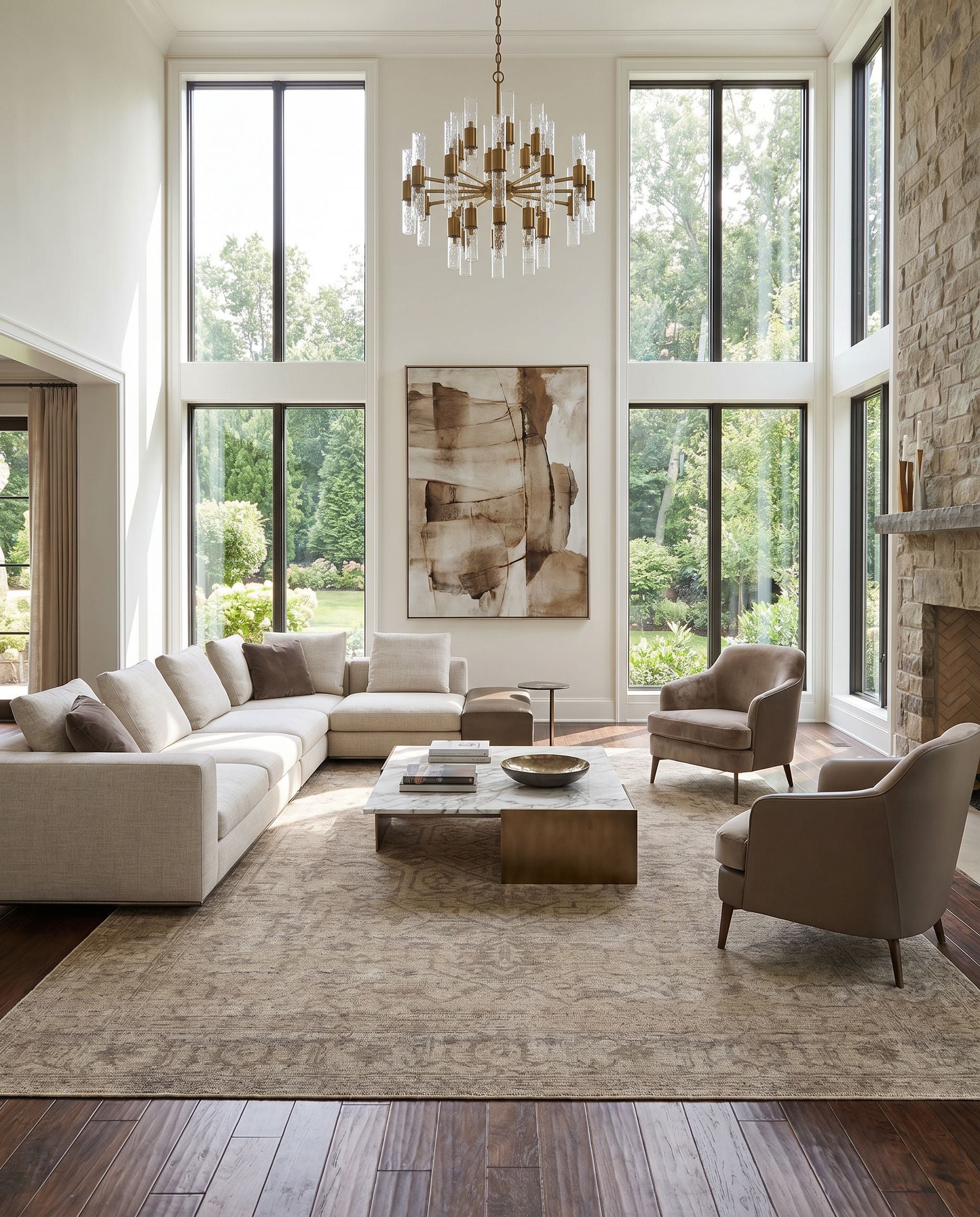 Smyrna SMY-2302 Hand Knotted Rug styled in an elegant designer living room — hand knotted traditional area rug in charcoal, beige and black tones