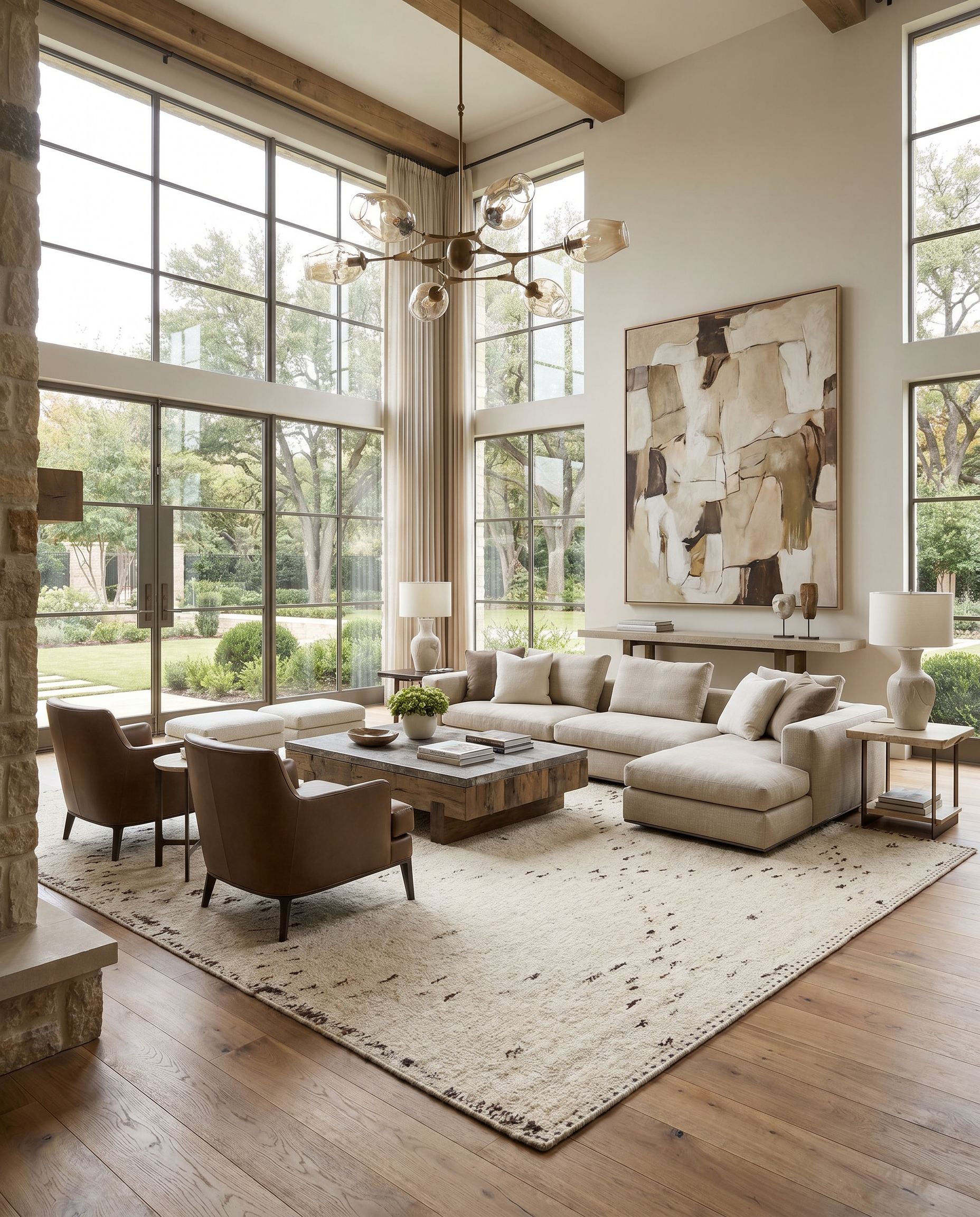 Machu Picchu MCU-1004 Hand Woven Rug styled in an elegant designer living room — hand woven global area rug in light beige, medium gray and dark brown tones