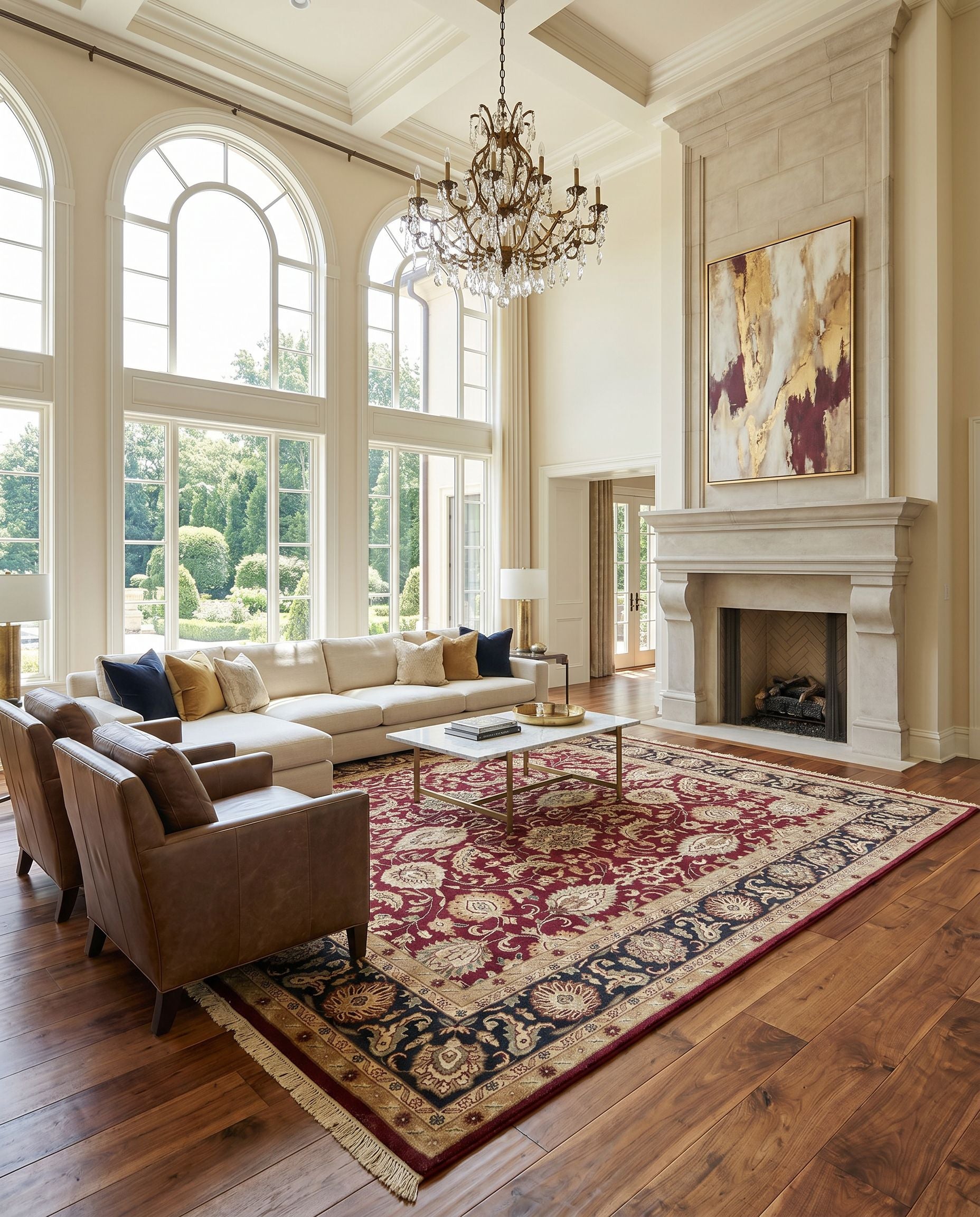 Taj Mahal TJ-6575 Hand Knotted Rug styled in an elegant designer living room — hand knotted traditional area rug in rust, black, mustard and light brown tones