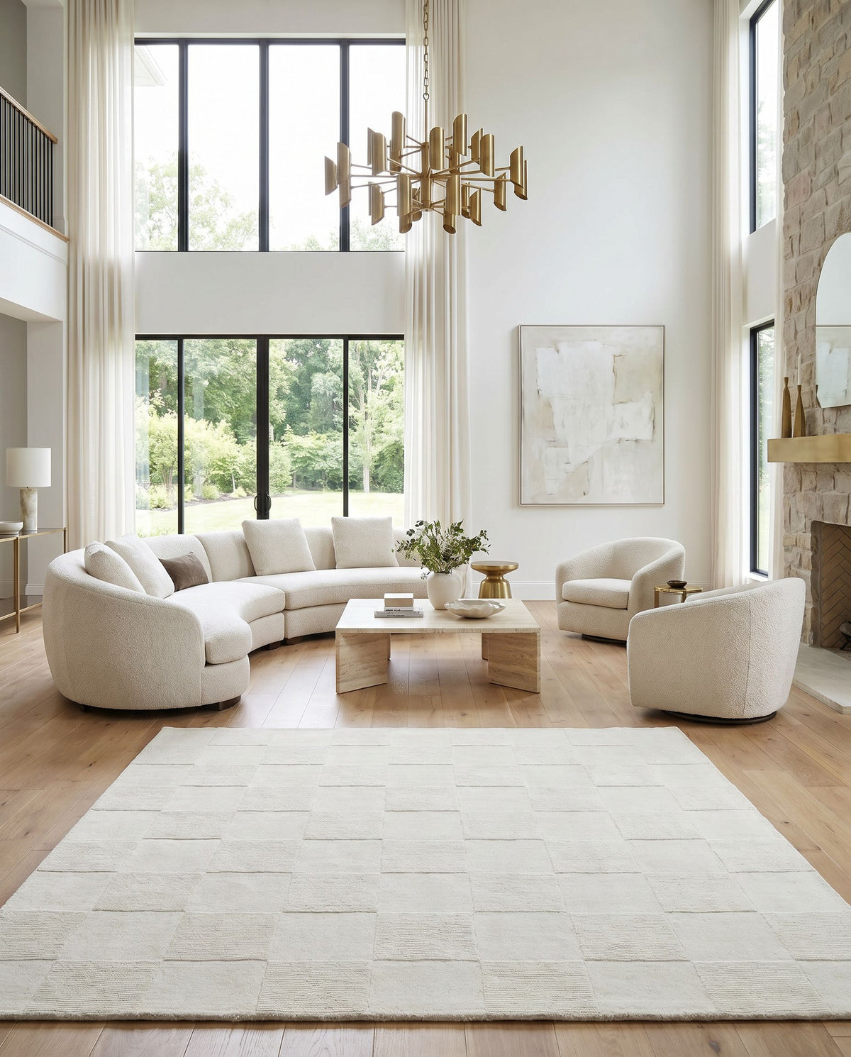 Mystique M-5473 Hand Loomed Rug styled in an elegant designer living room — hand loomed modern area rug in ivory, pearl and cream tones