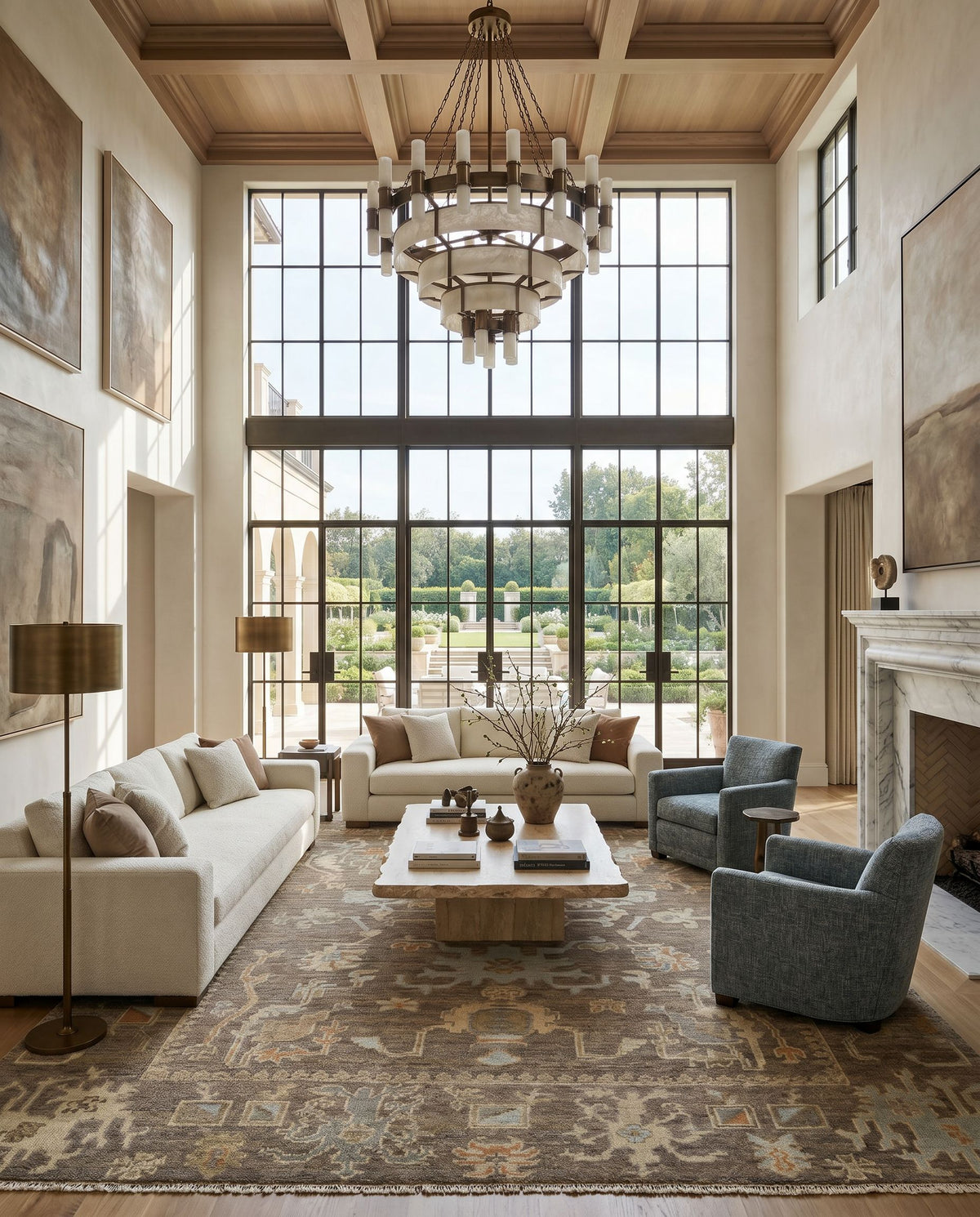 Antalya AAT-2303 Hand Knotted Rug styled in an elegant designer living room — hand knotted traditional area rug in dark brown, off-white, dusty sage and brown tones