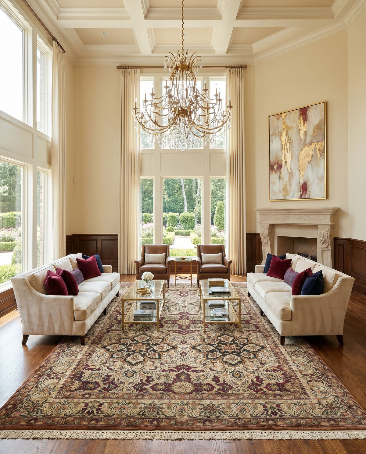 Taj Mahal TJ-11 Hand Knotted Rug styled in an elegant designer living room — hand knotted traditional area rug in light brown, brown, amber and mustard tones
