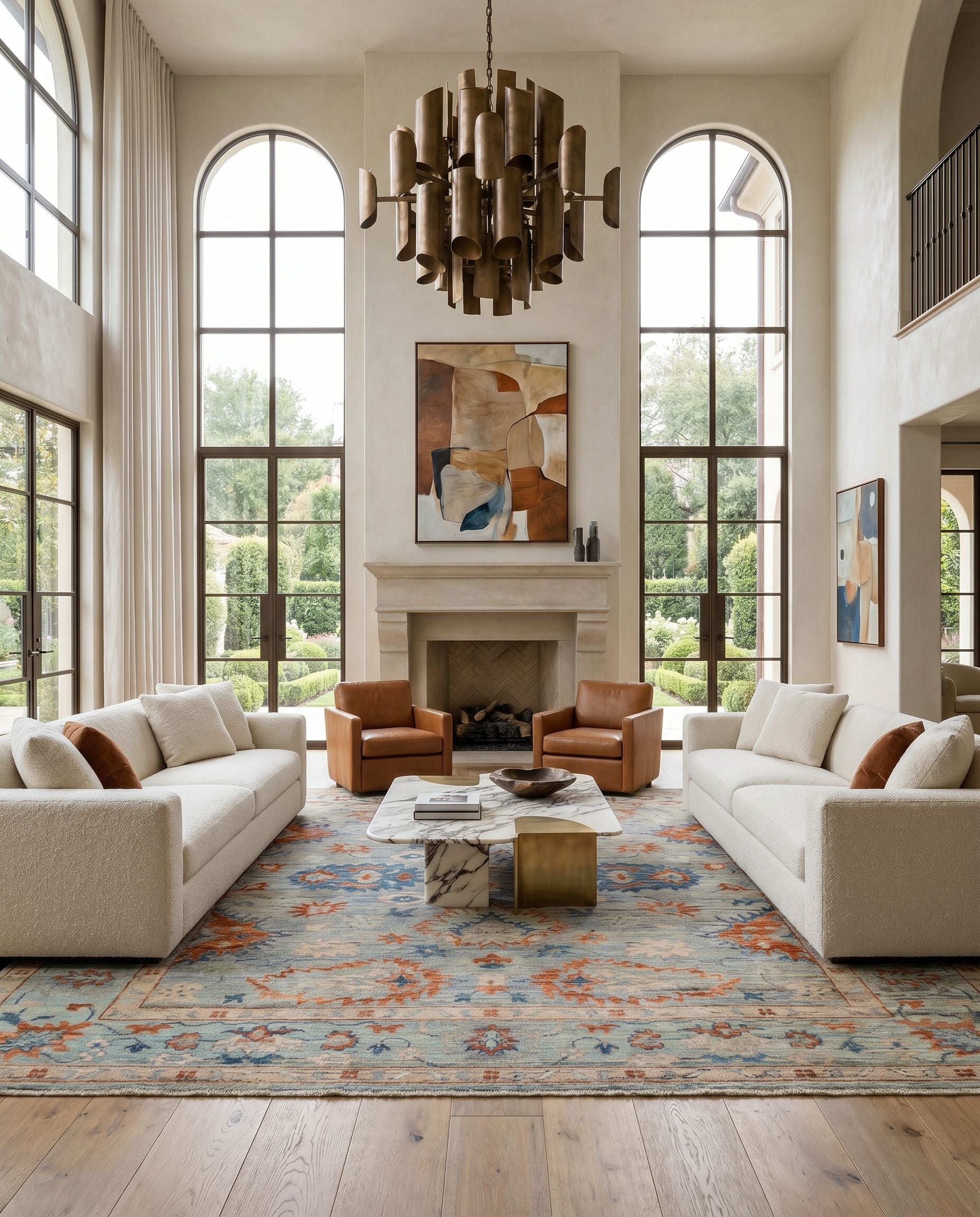 Ghazni GHZ-2305 Hand Knotted Rug styled in an elegant designer living room — hand knotted traditional area rug in denim, beige, light brown and dark blue tones