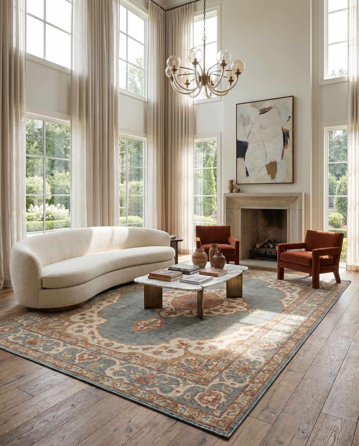 Zahra ZHA-2301 Hand Knotted Rug styled in an elegant designer living room — hand knotted traditional area rug in dusty sage, olive, rust and burnt orange tones