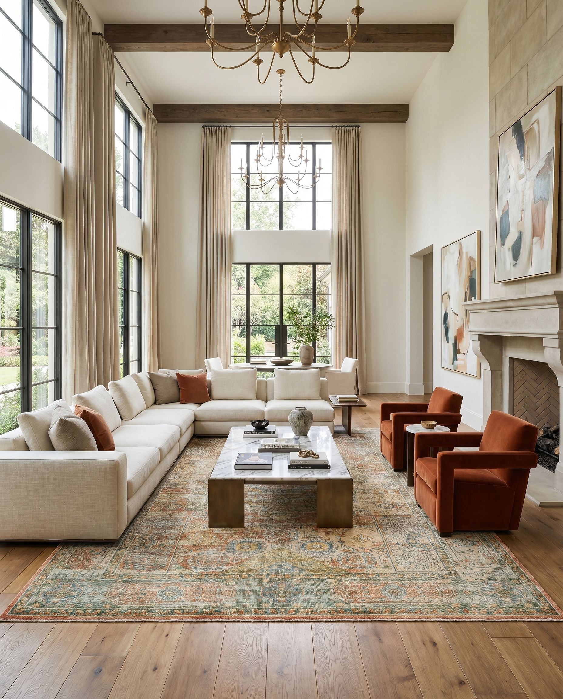 Hamadan HAM-2304 Hand Knotted Rug styled in an elegant designer living room — hand knotted traditional area rug in beige, dusty coral, teal and rust tones