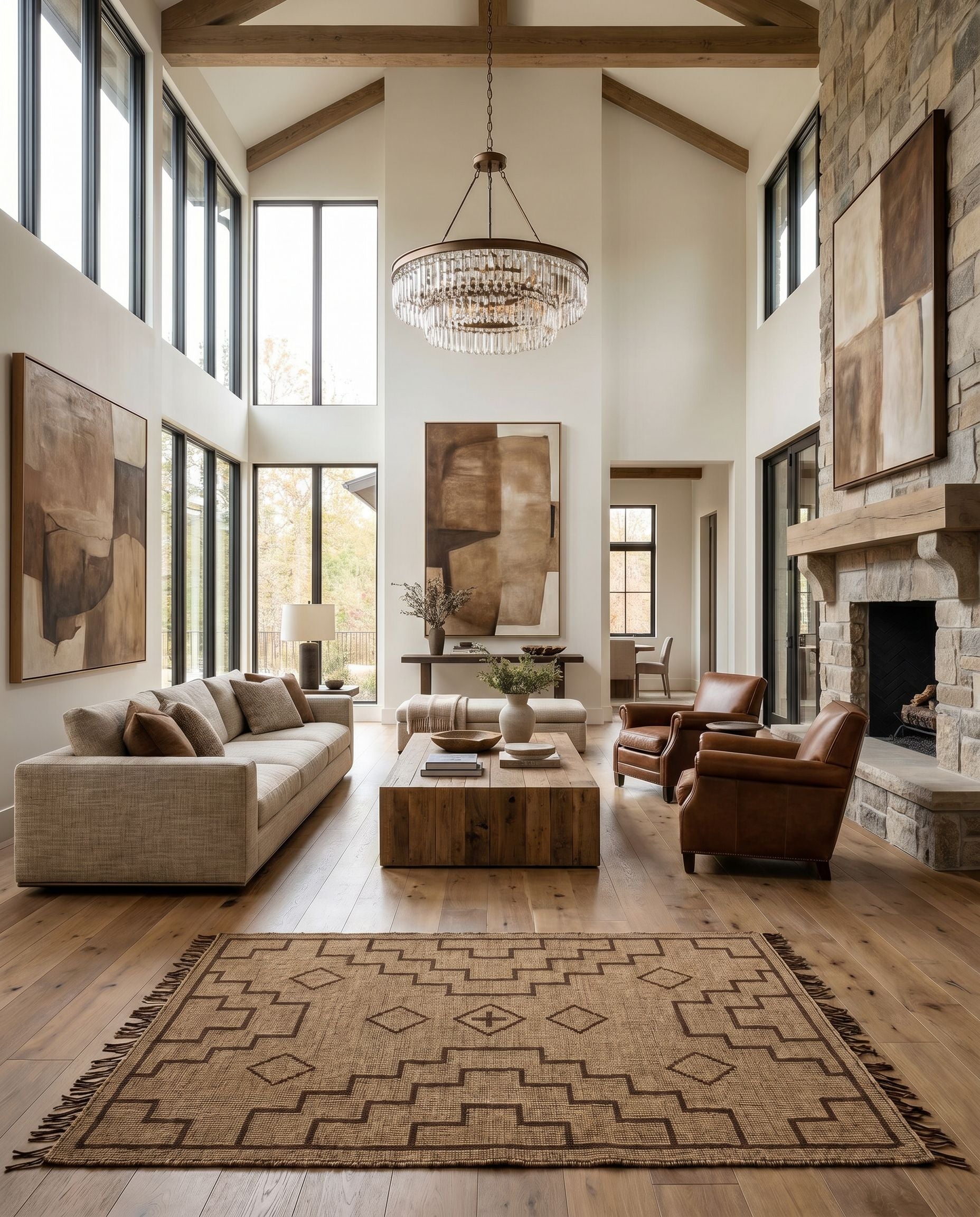 Touareg TOG-2301 Hand Woven Rug styled in an elegant designer living room — hand woven global area rug in tan, dark brown and charcoal tones